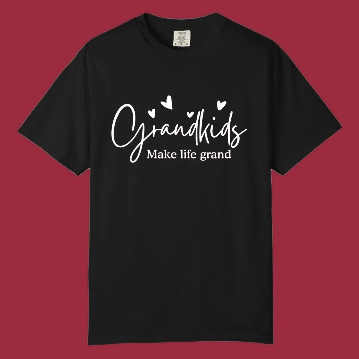 Grandkids Make Life Grand text design with hearts.