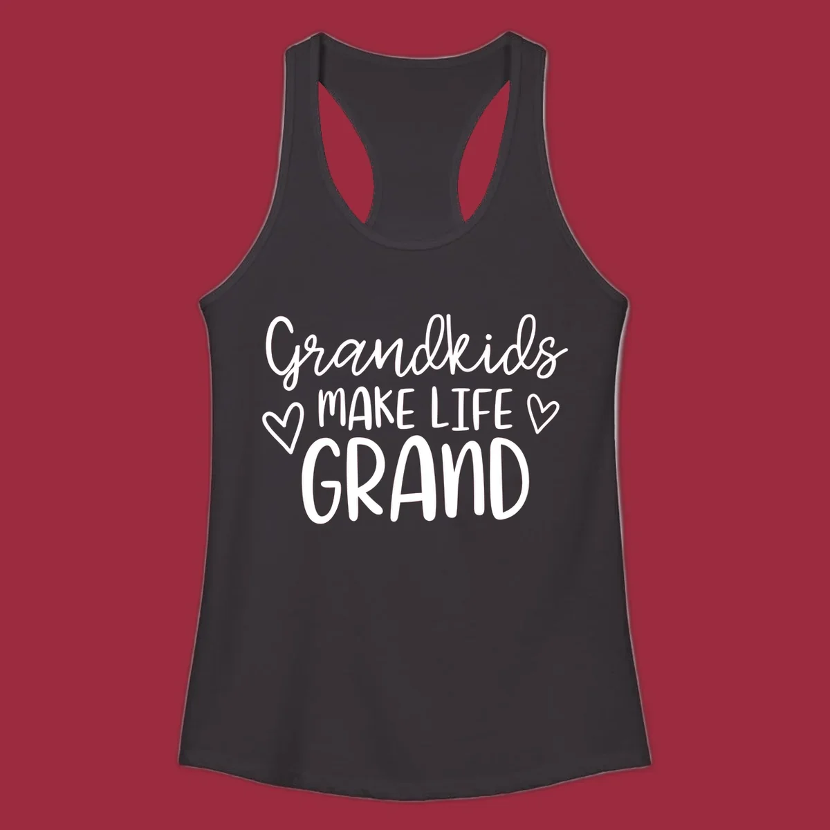Grandkids Make Life Grand text with hearts, white on black and white.