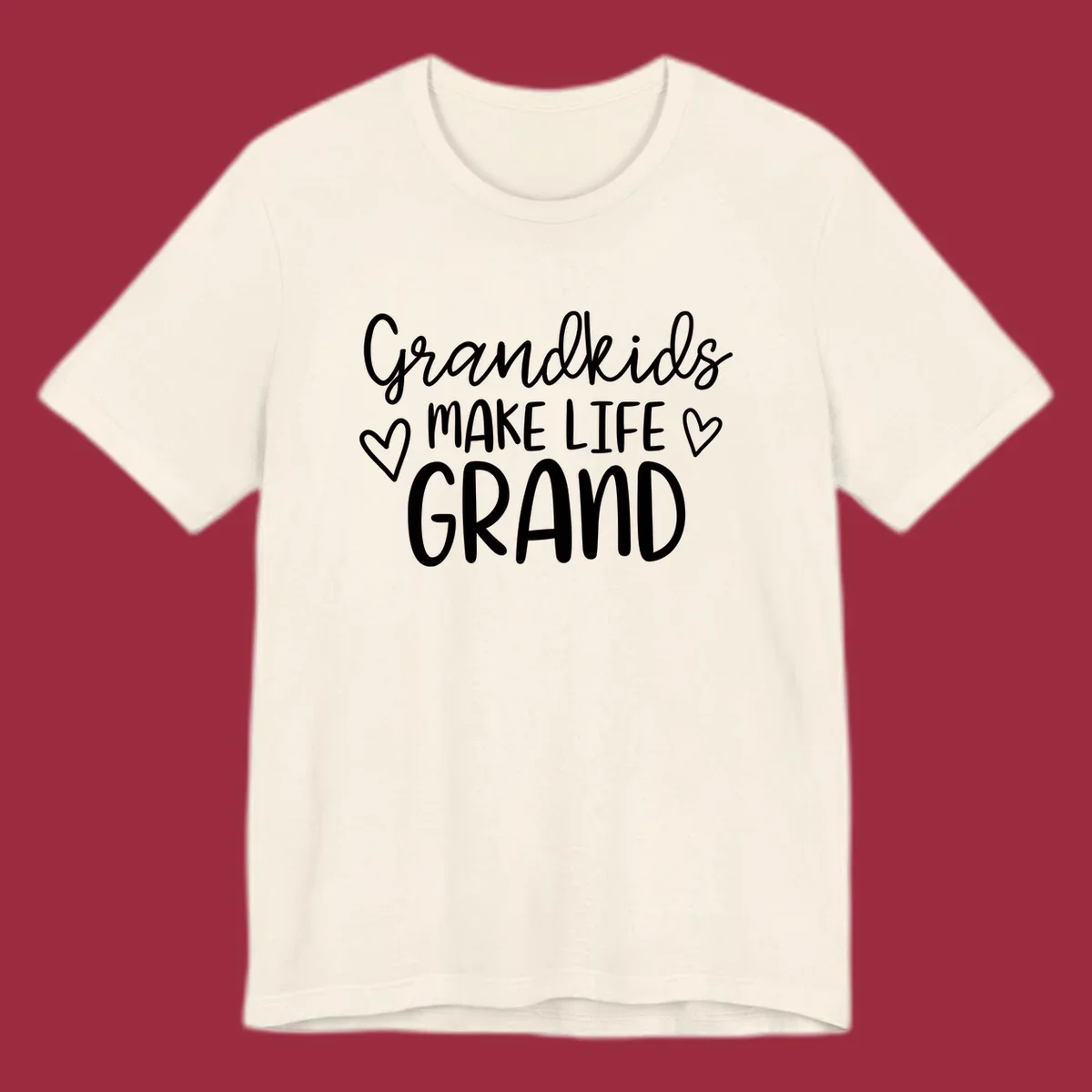 Grandkids Make Life Grand text with hearts, white on black and white.