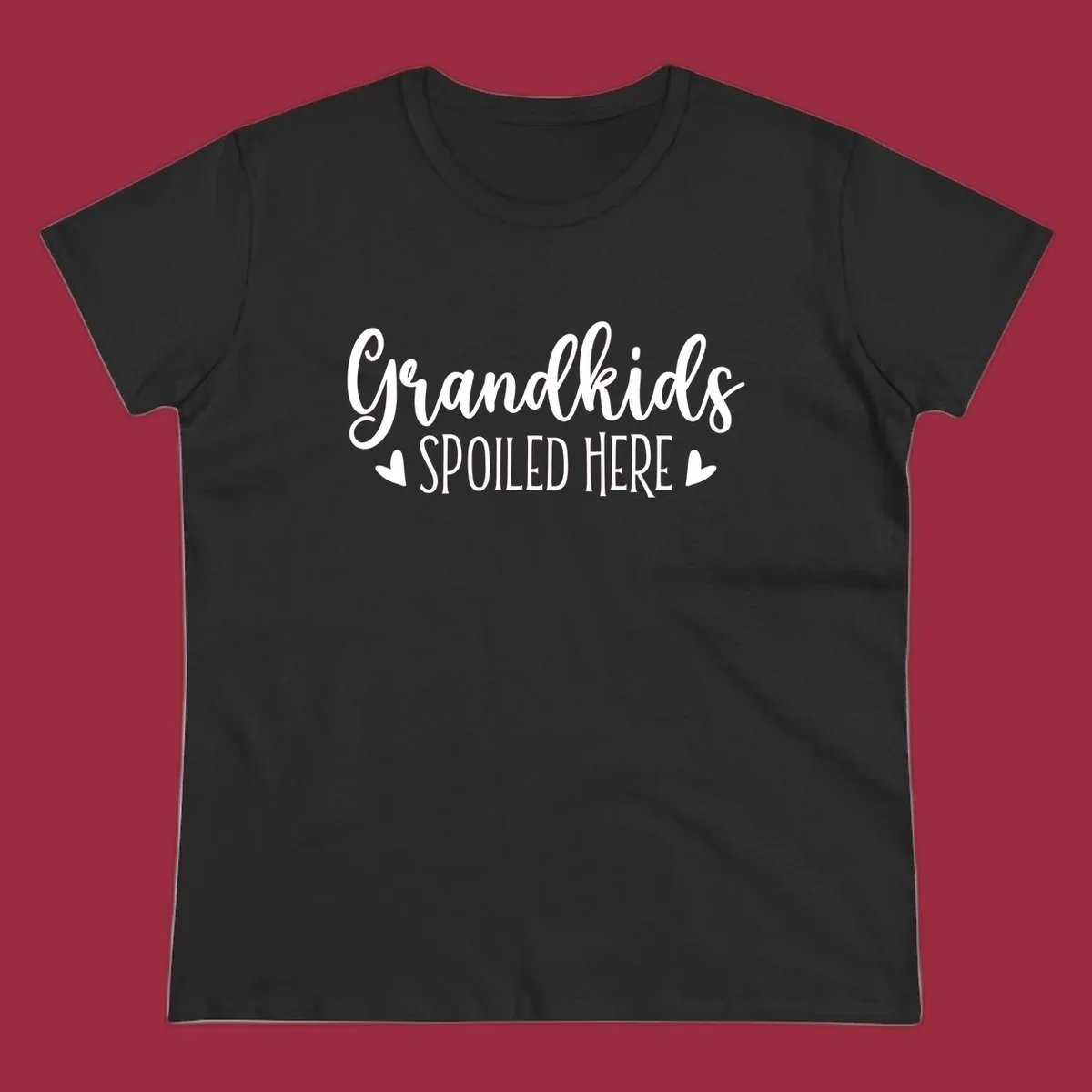 Grandkids Spoiled Here typography design with heart accents.