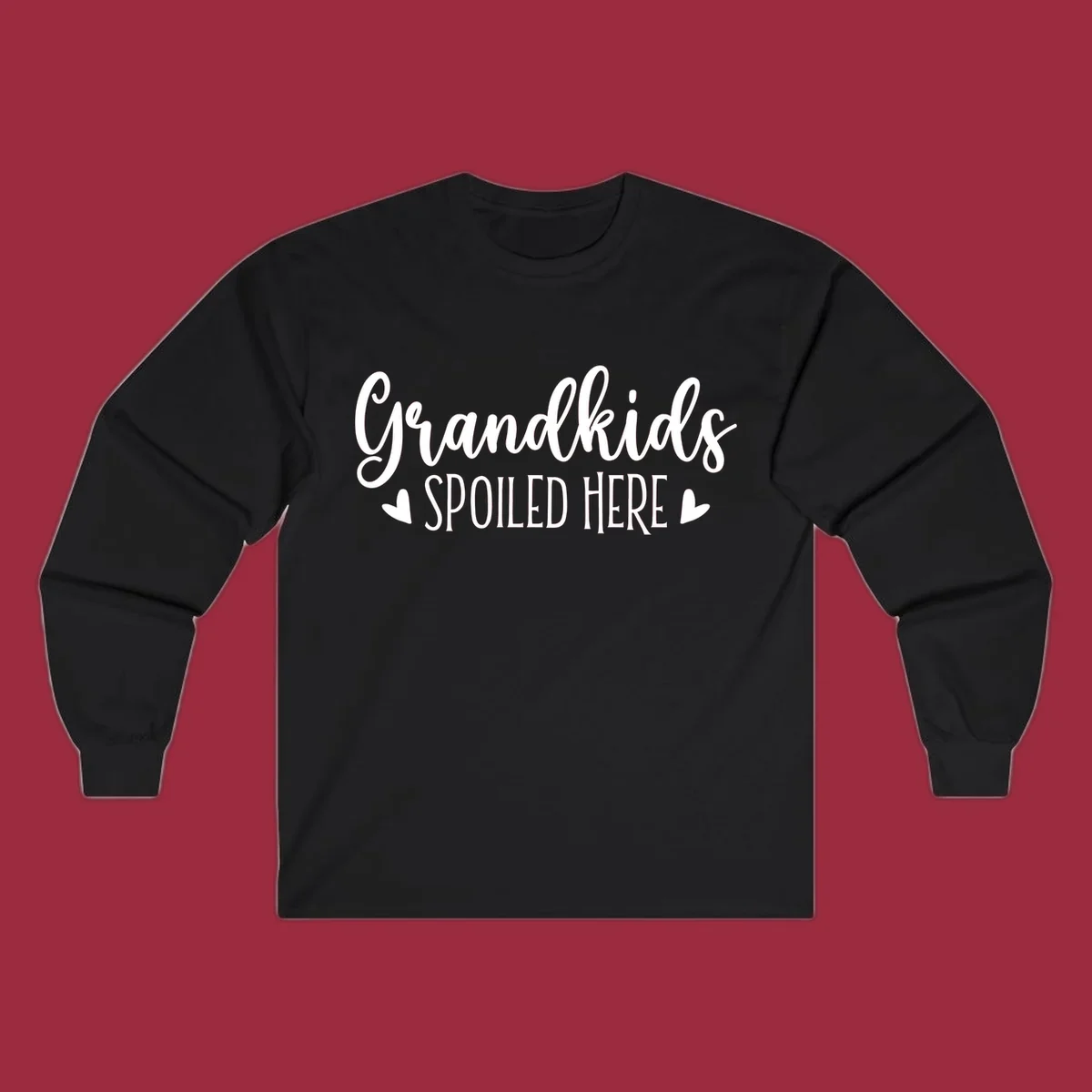 Grandkids Spoiled Here typography design with heart accents.