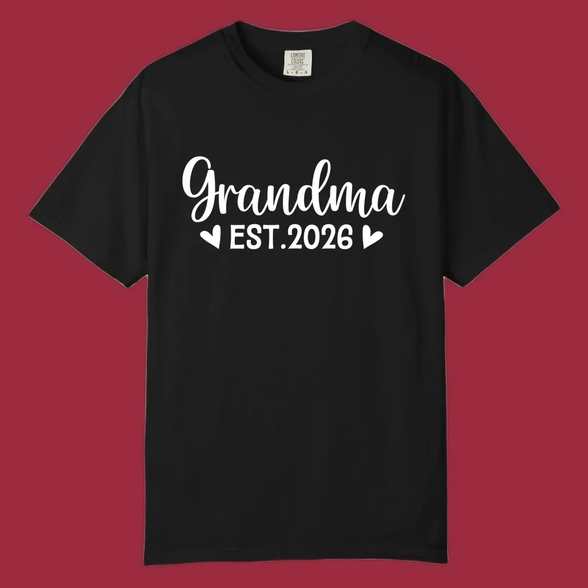 Grandma Est. 2026 text design with heart icons.