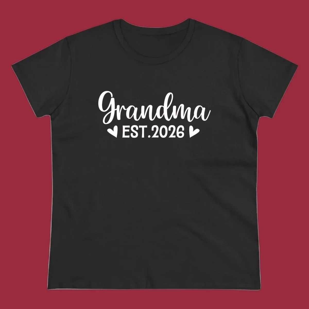 Grandma Est. 2026 text design with heart icons.