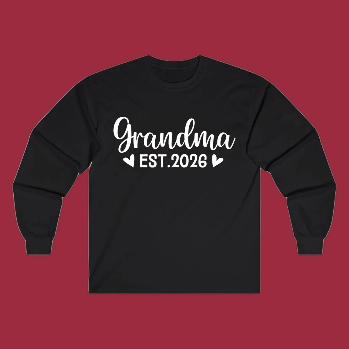 Grandma Est. 2026 text design with heart icons.