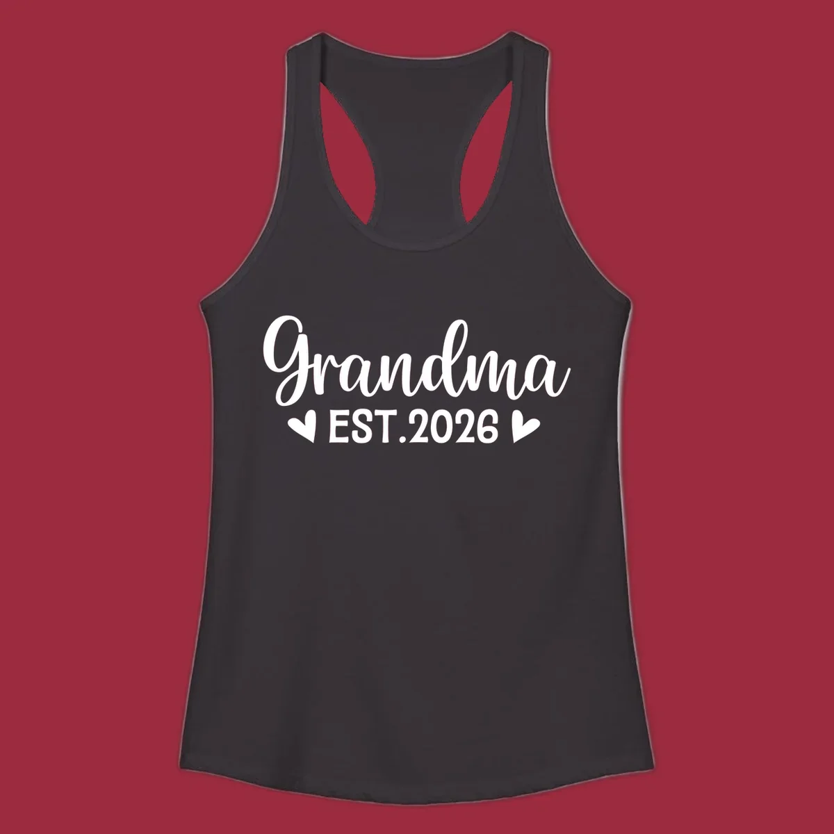 Grandma Est. 2026 text design with heart icons.