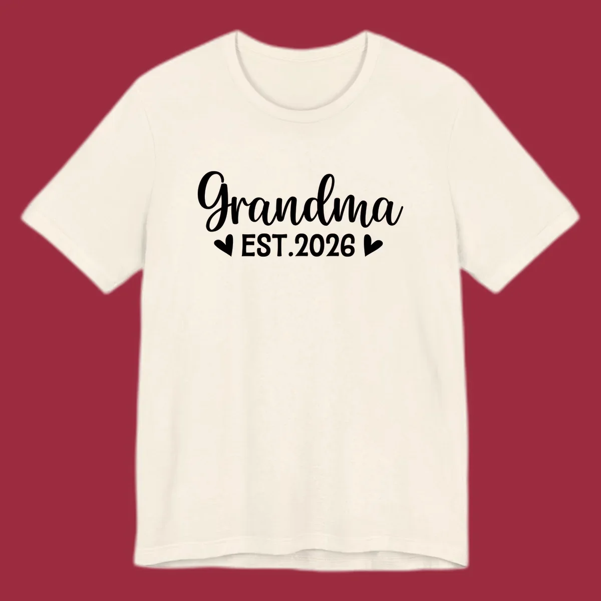 Grandma Est. 2026 text design with heart icons.