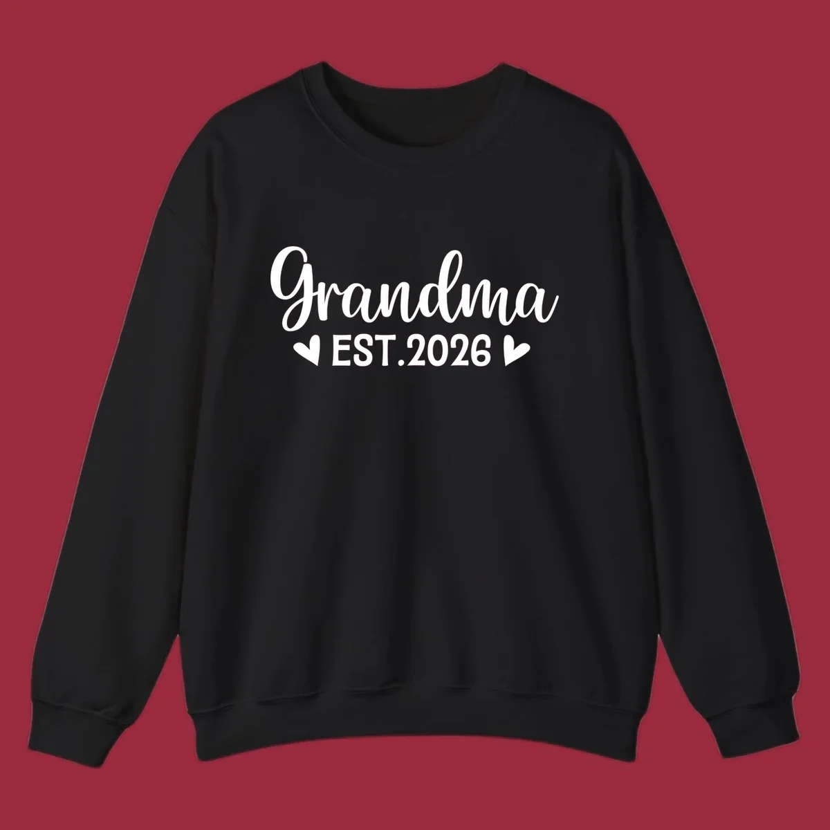 Grandma Est. 2026 text design with heart icons.