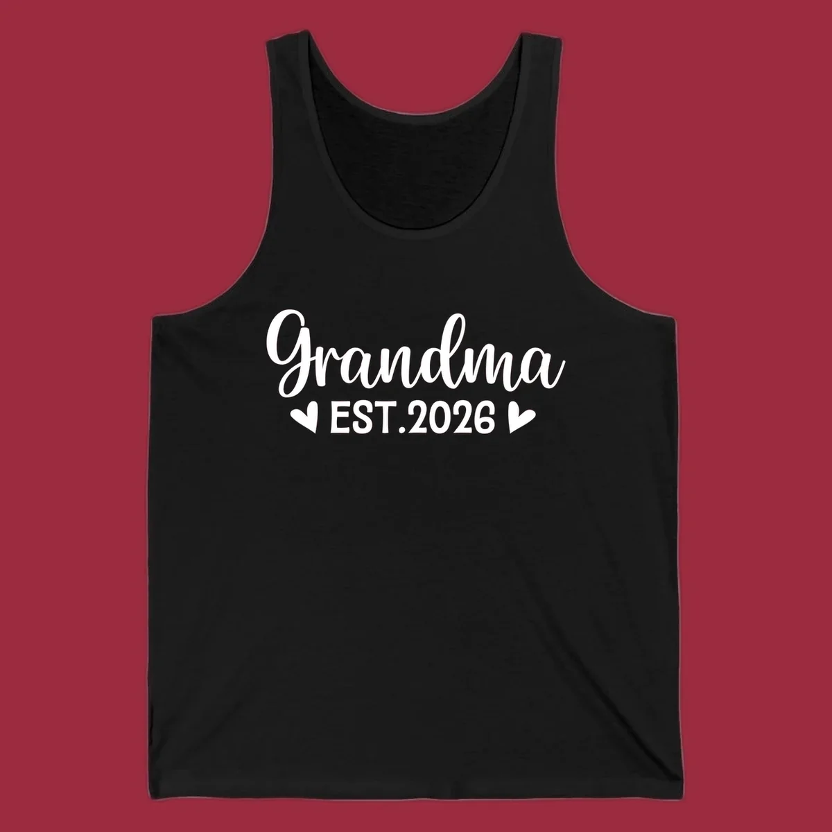 Grandma Est. 2026 text design with heart icons.