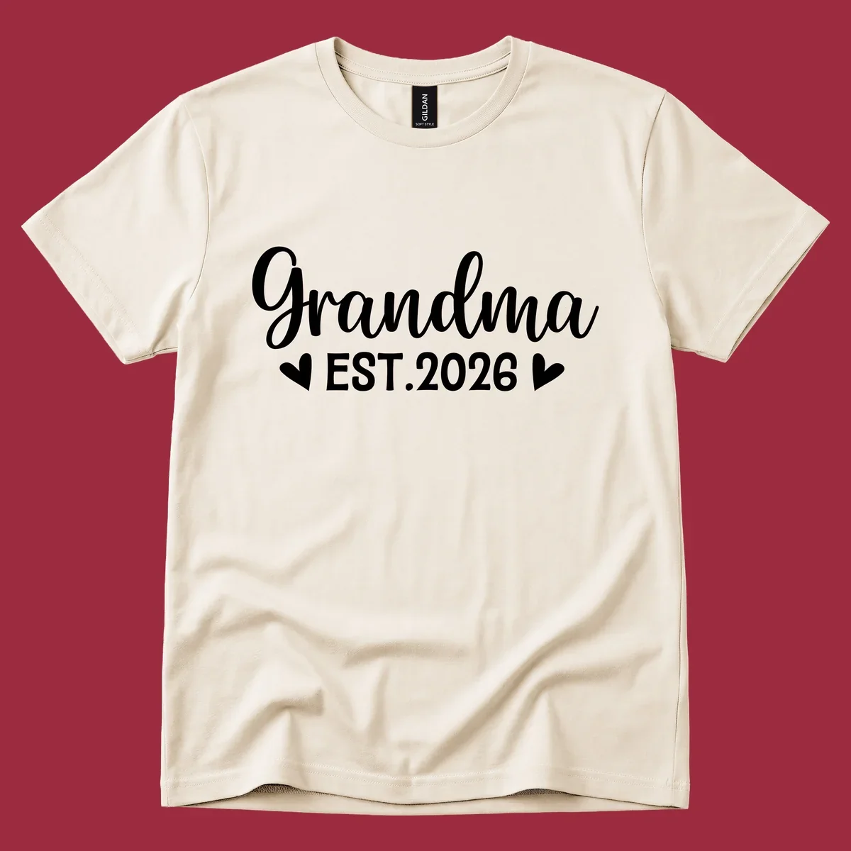 Grandma Est. 2026 text design with heart icons.