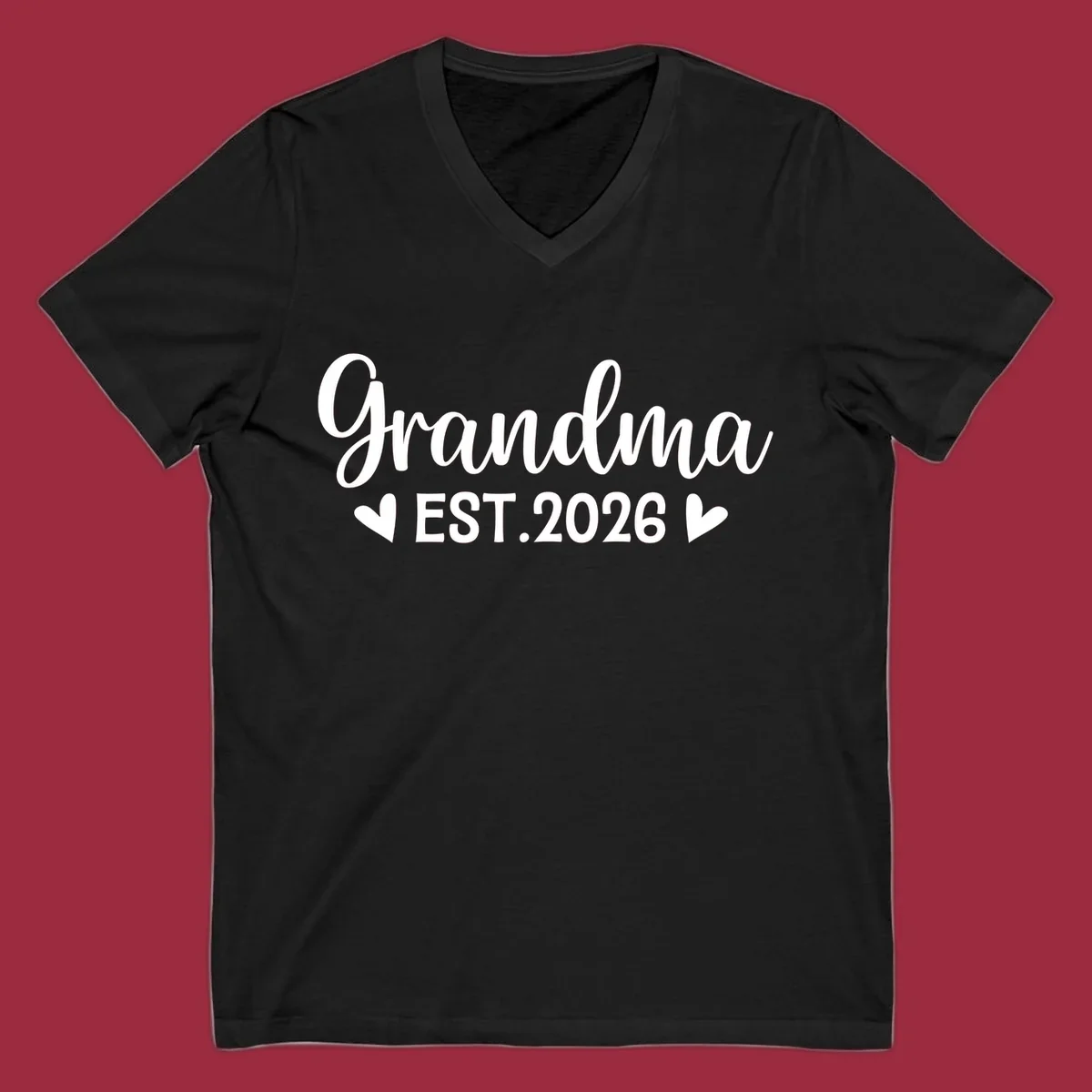 Grandma Est. 2026 text design with heart icons.