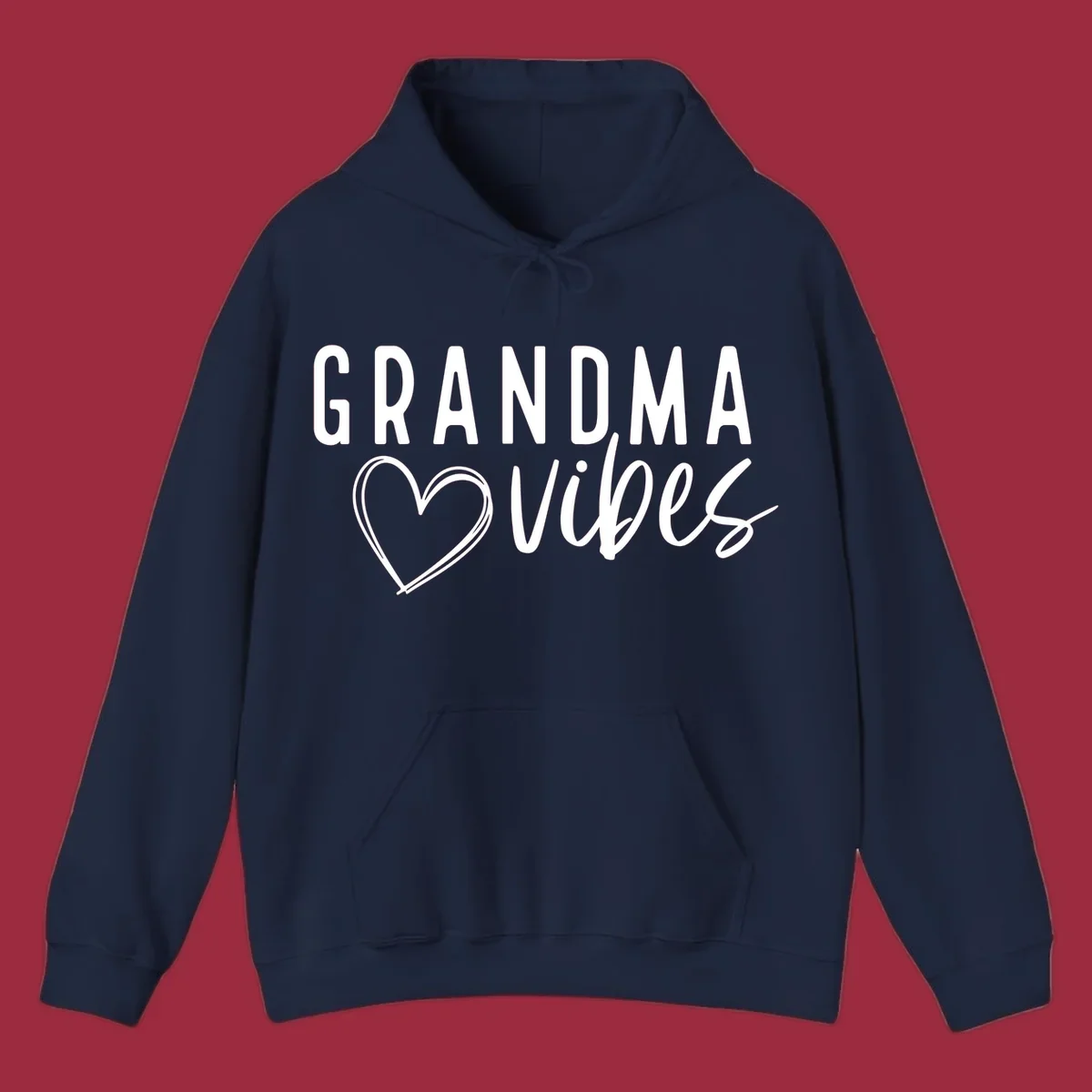 Grandma vibes text with a heart outline, white on black and black on white.
