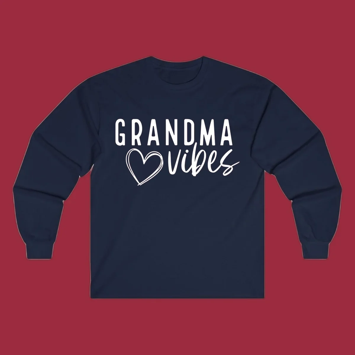 Grandma vibes text with a heart outline, white on black and black on white.