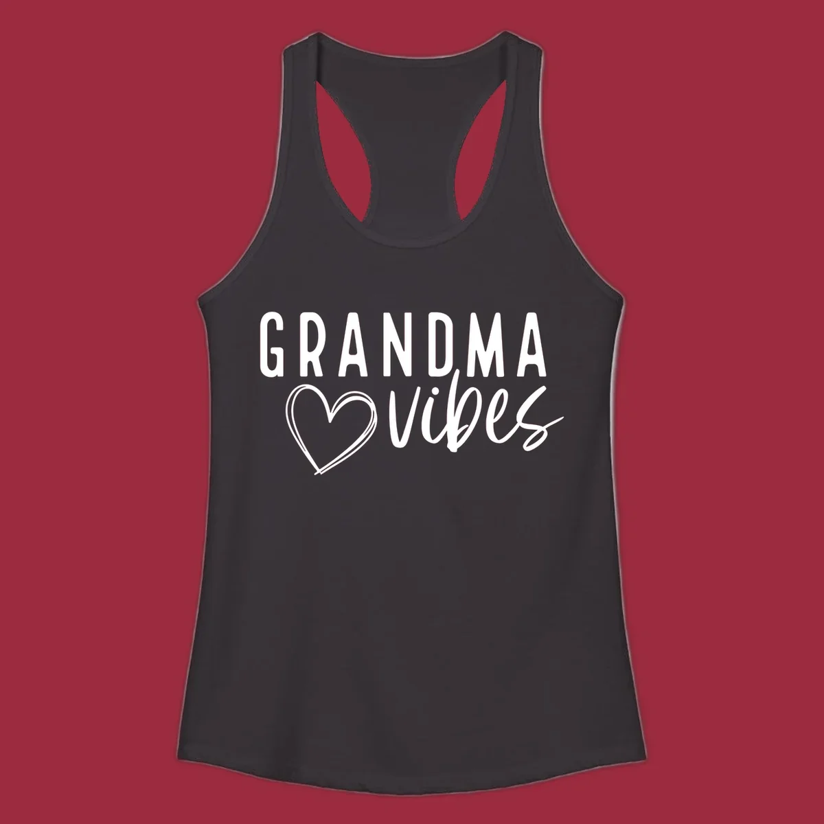 Grandma vibes text with a heart outline, white on black and black on white.