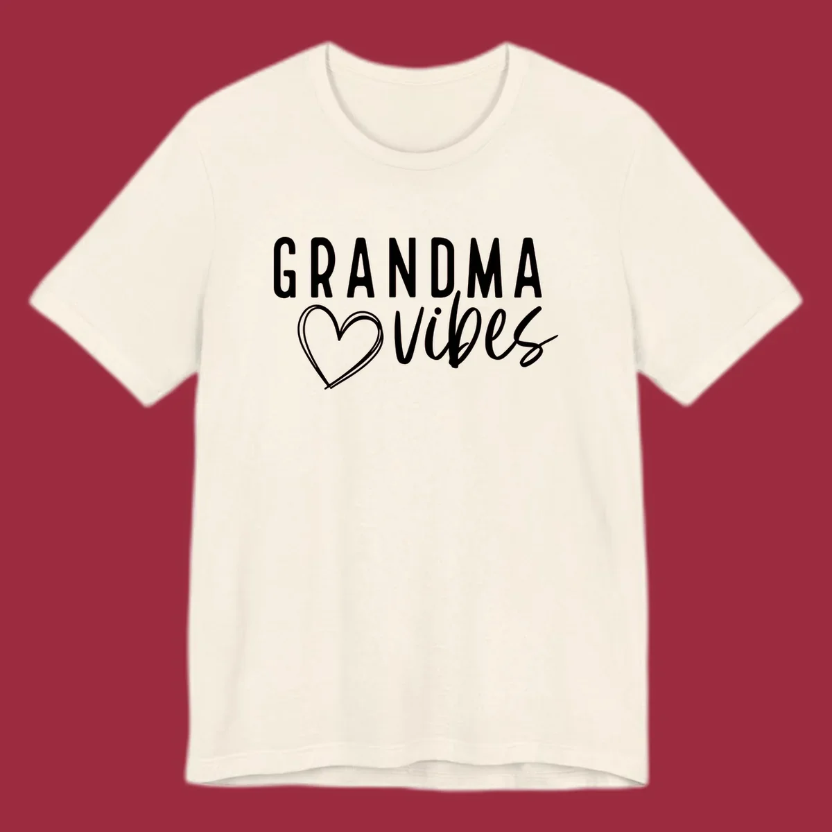 Grandma vibes text with a heart outline, white on black and black on white.