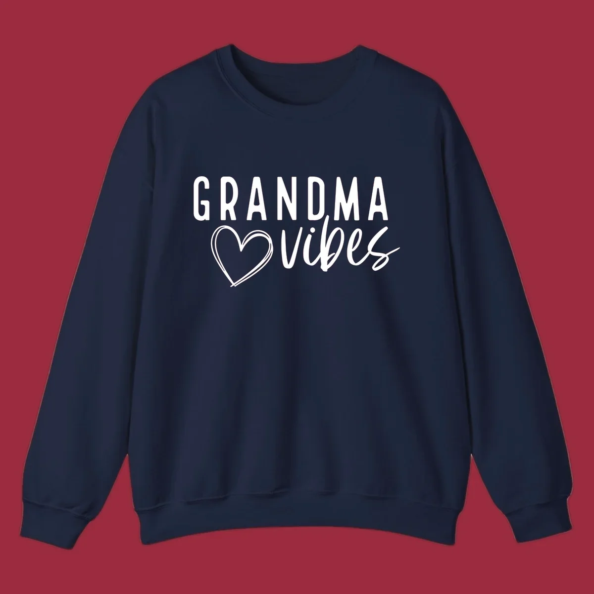 Grandma vibes text with a heart outline, white on black and black on white.