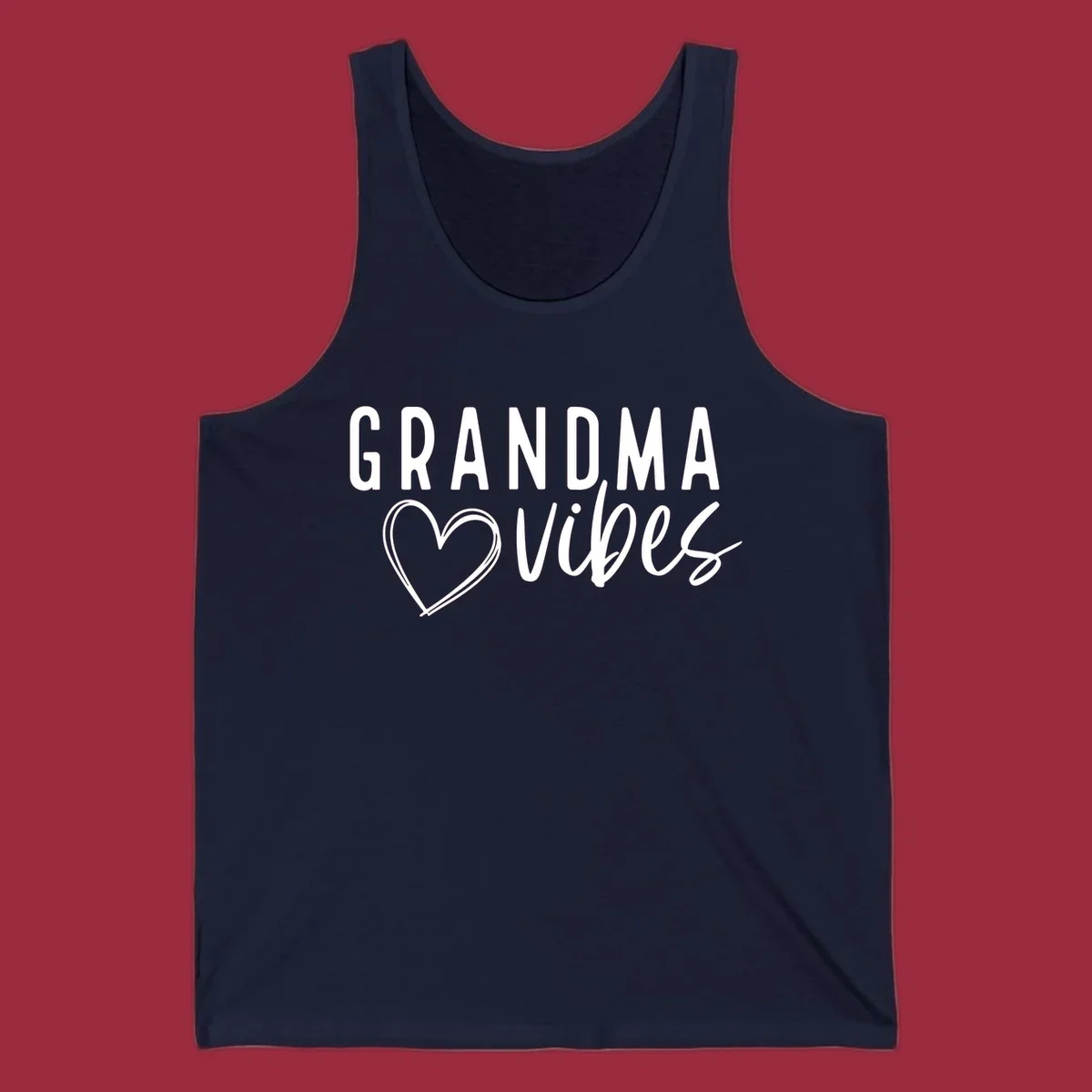 Grandma vibes text with a heart outline, white on black and black on white.