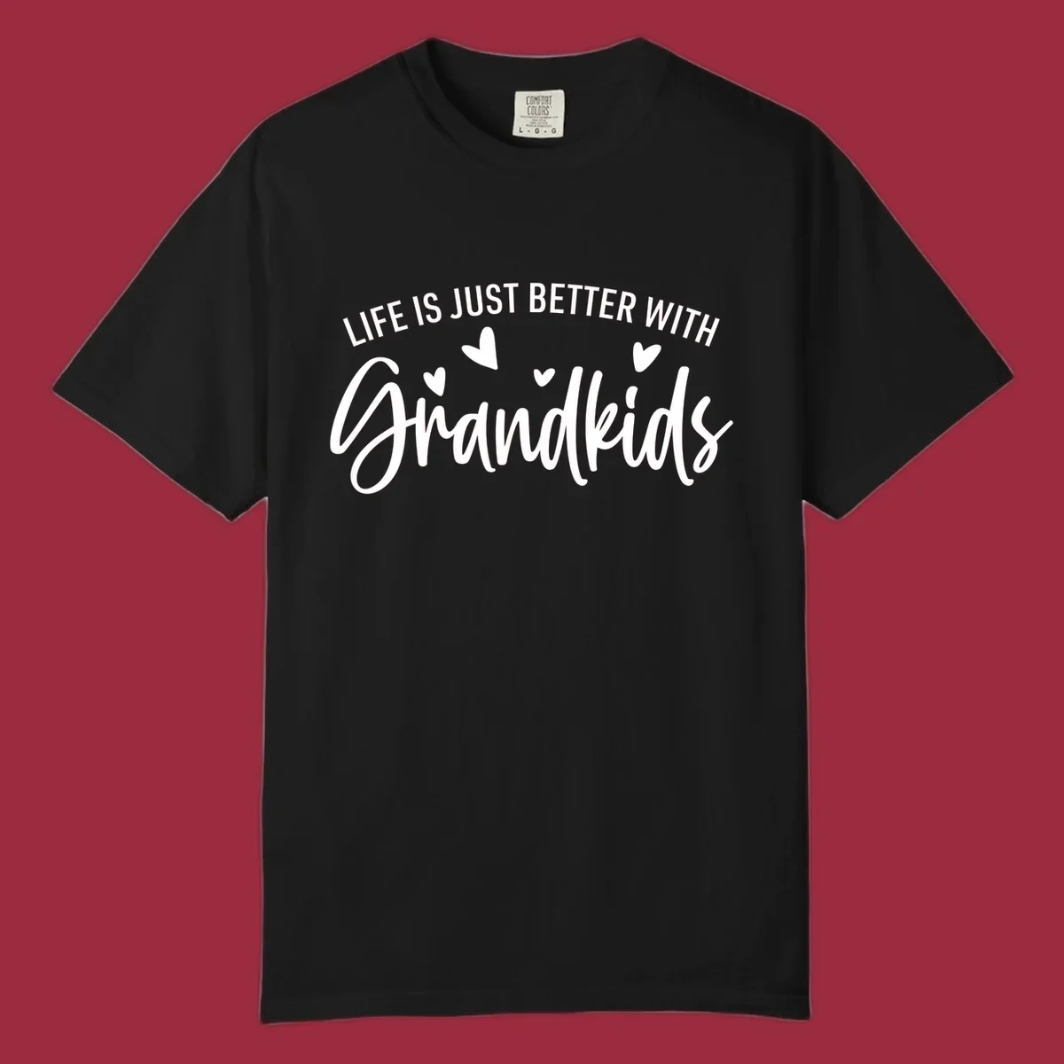 Typography design with text 'LIFE IS JUST BETTER WITH Grandkids' and hearts, representing the grandparent life.