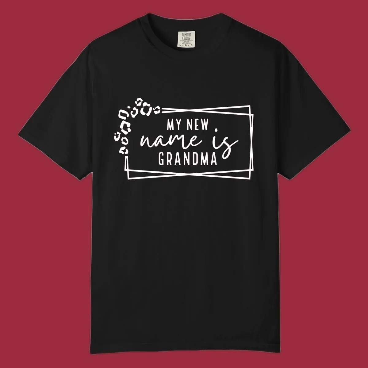 New grandma leopard print text design with geometric border.
