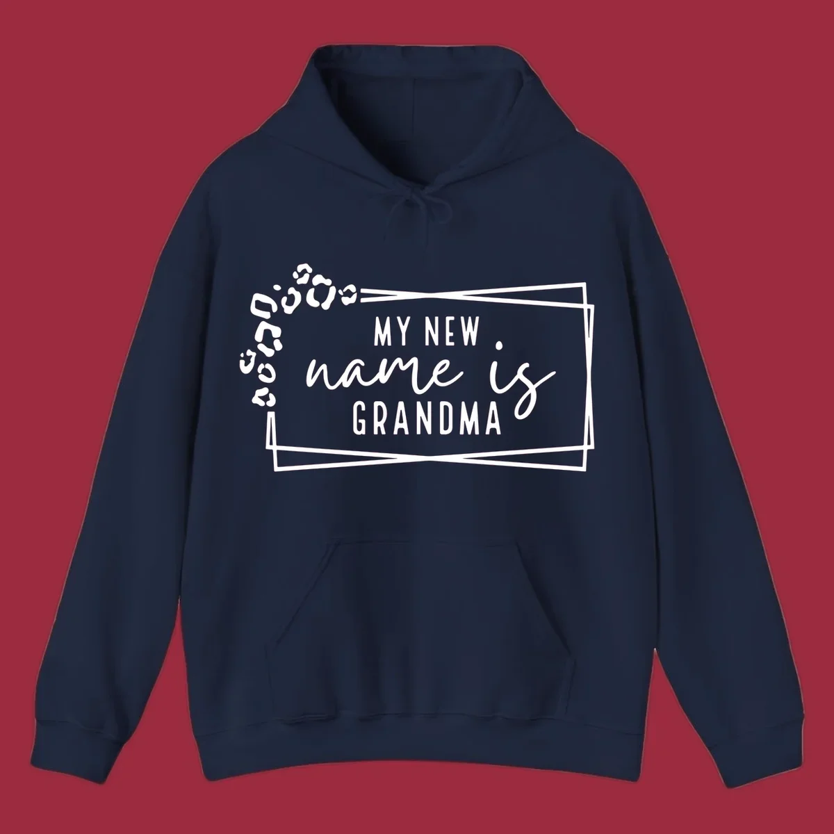 New grandma leopard print text design with geometric border.