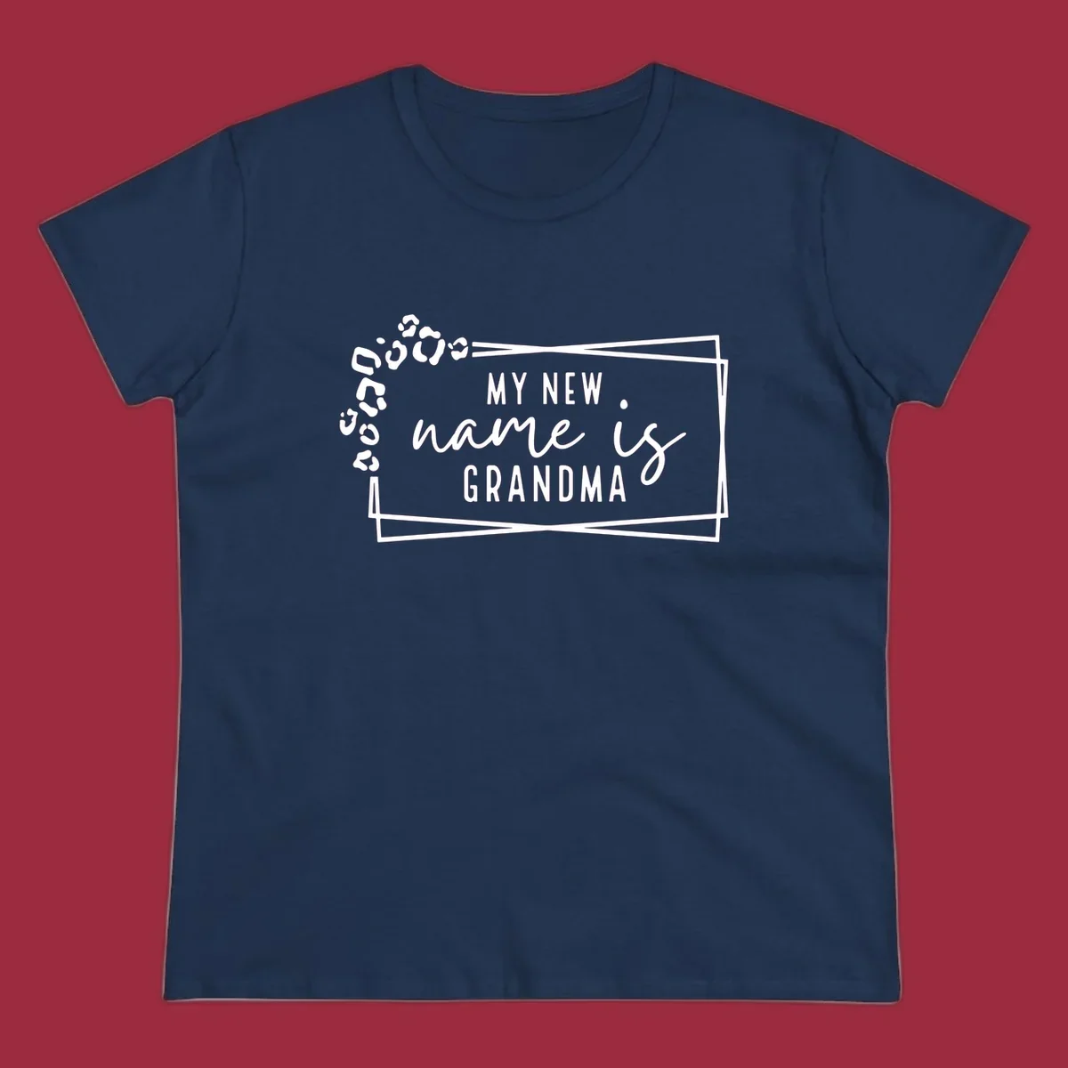 New grandma leopard print text design with geometric border.