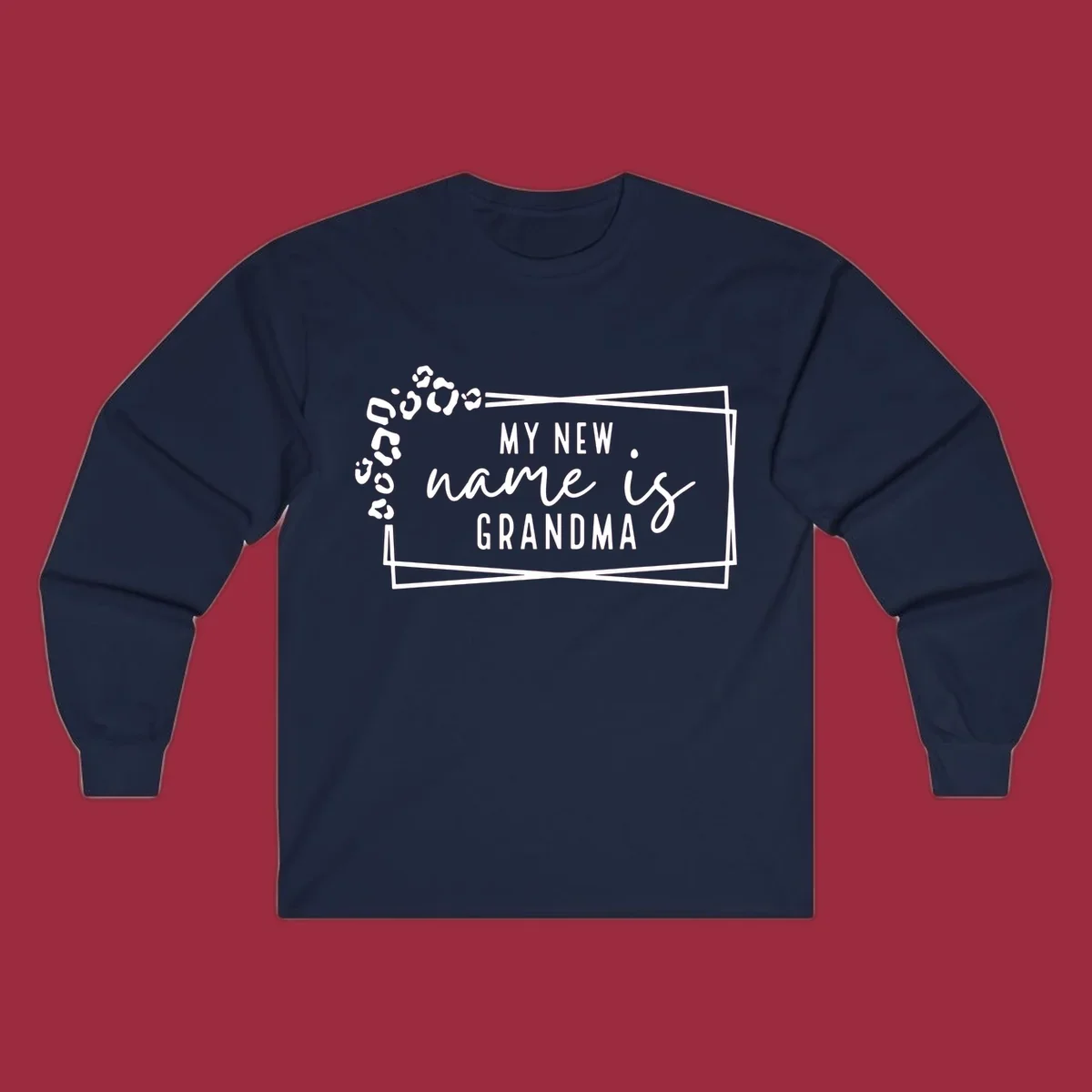 New grandma leopard print text design with geometric border.