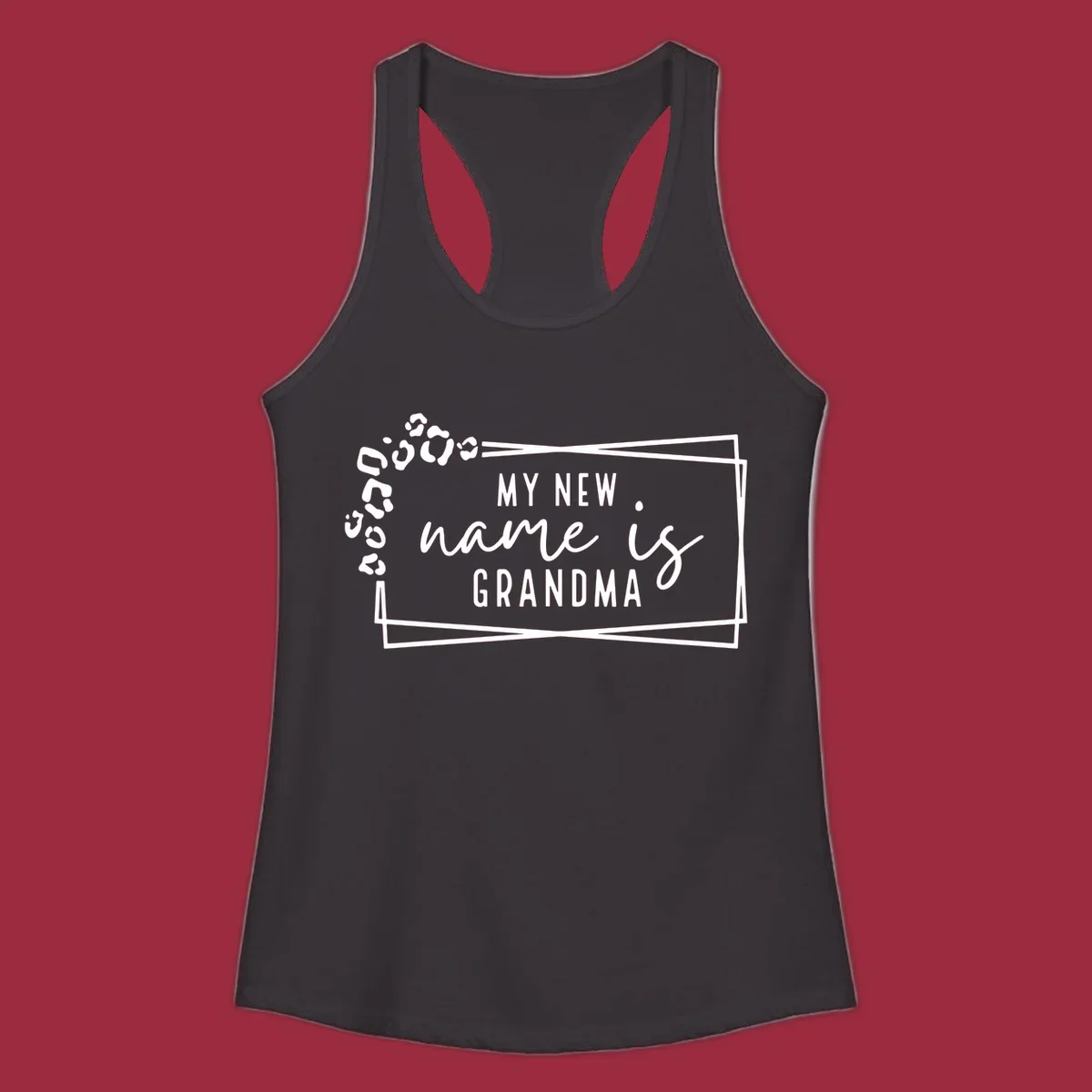 New grandma leopard print text design with geometric border.