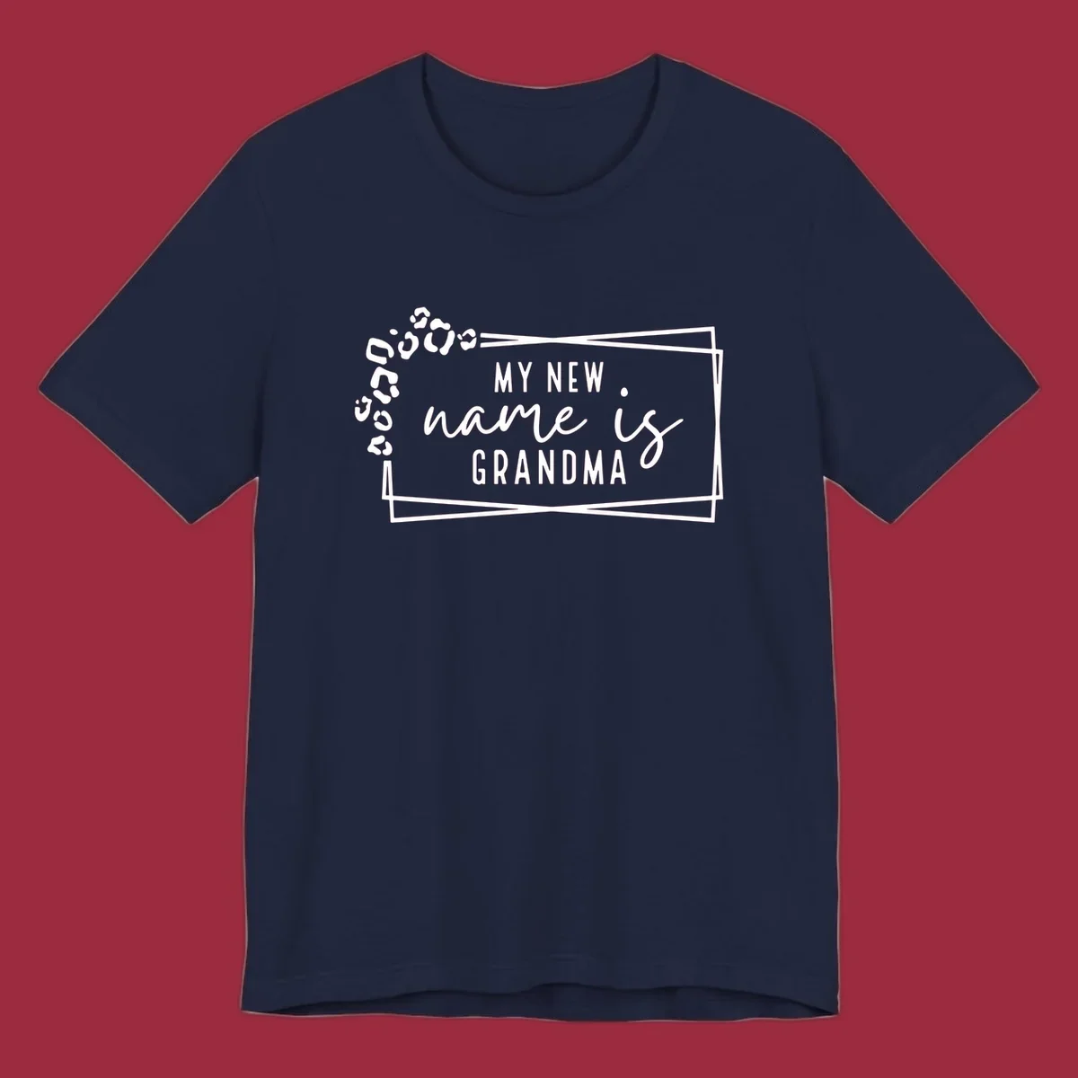 New grandma leopard print text design with geometric border.