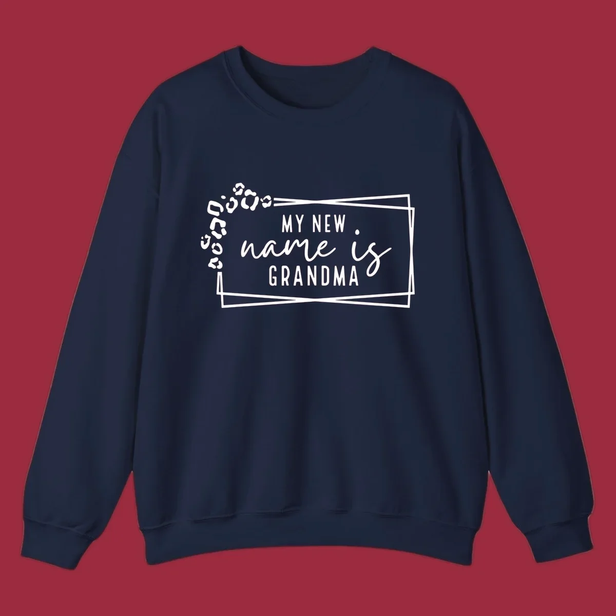 New grandma leopard print text design with geometric border.