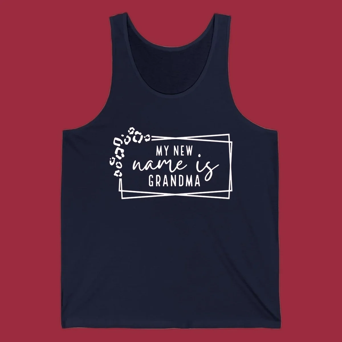 New grandma leopard print text design with geometric border.