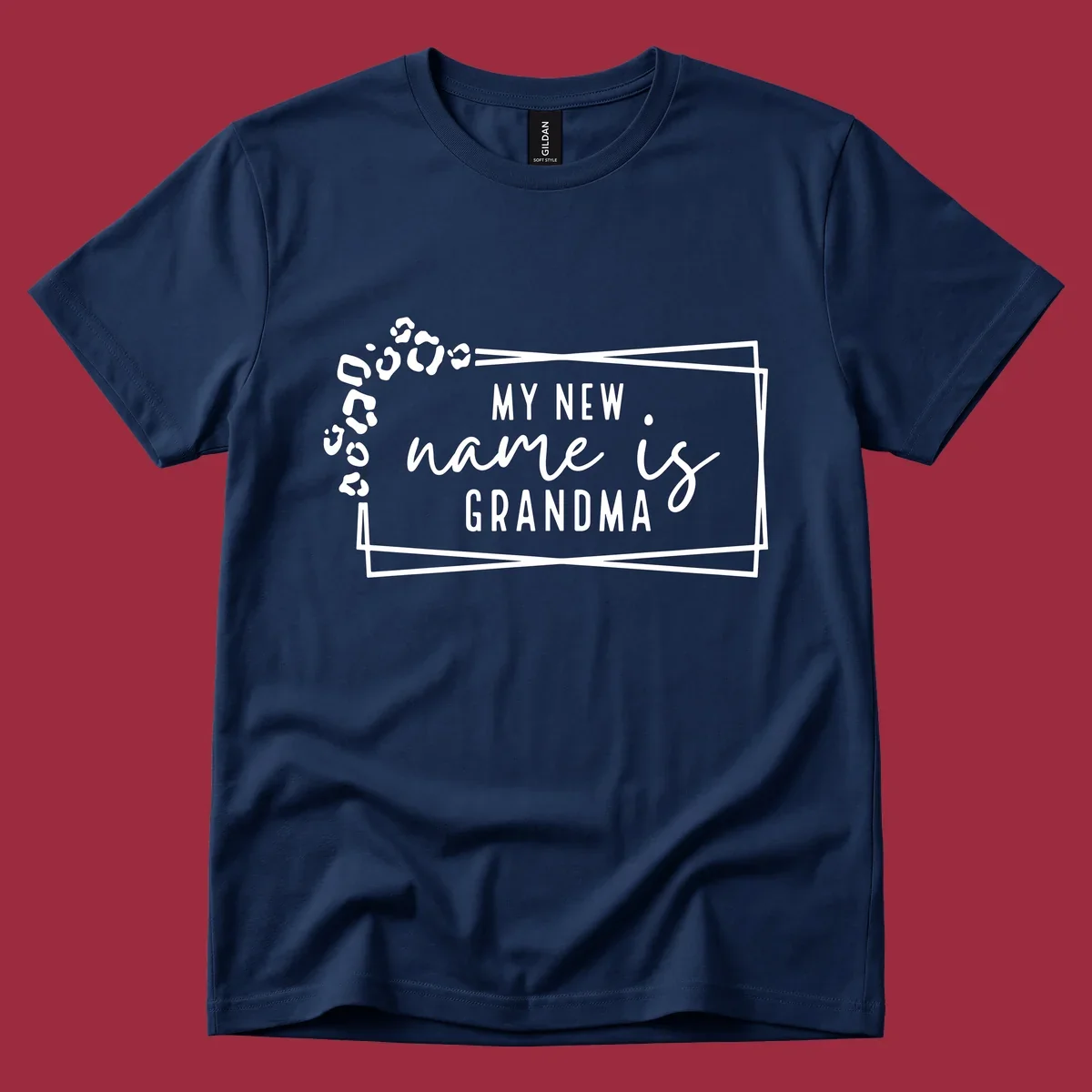 New grandma leopard print text design with geometric border.
