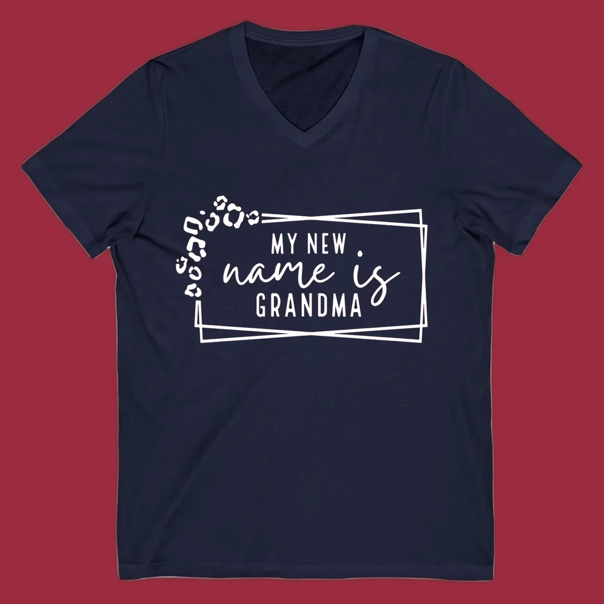 New grandma leopard print text design with geometric border.