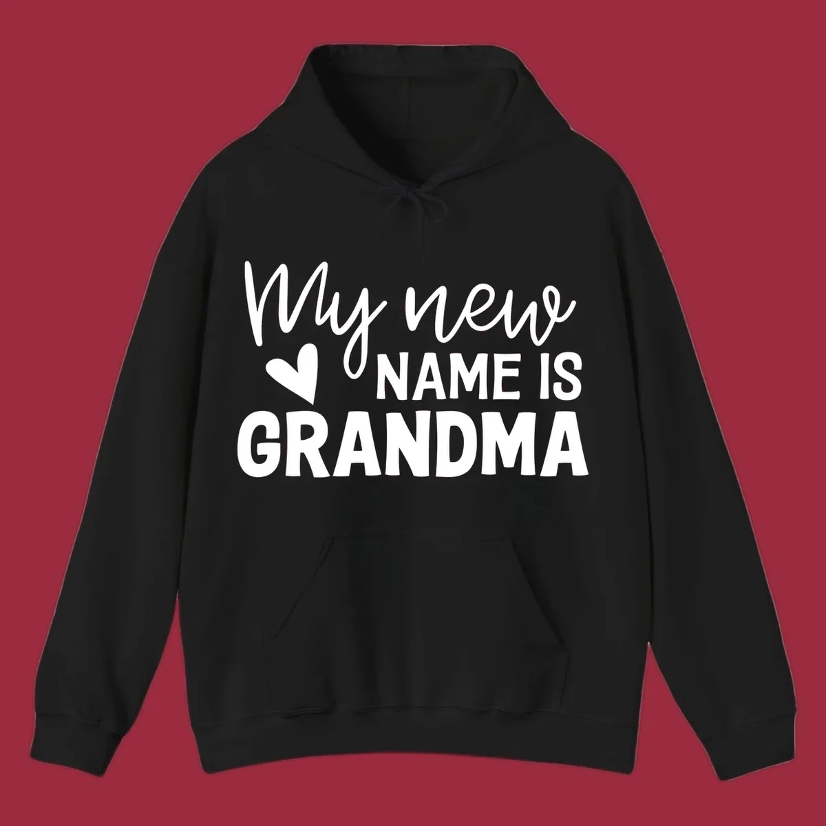 Text design announcing 'My new NAME IS GRANDMA' with a heart graphic.
