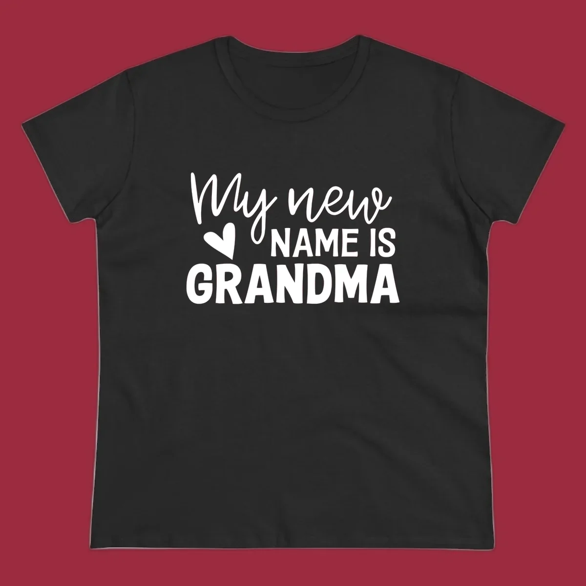 Text design announcing 'My new NAME IS GRANDMA' with a heart graphic.