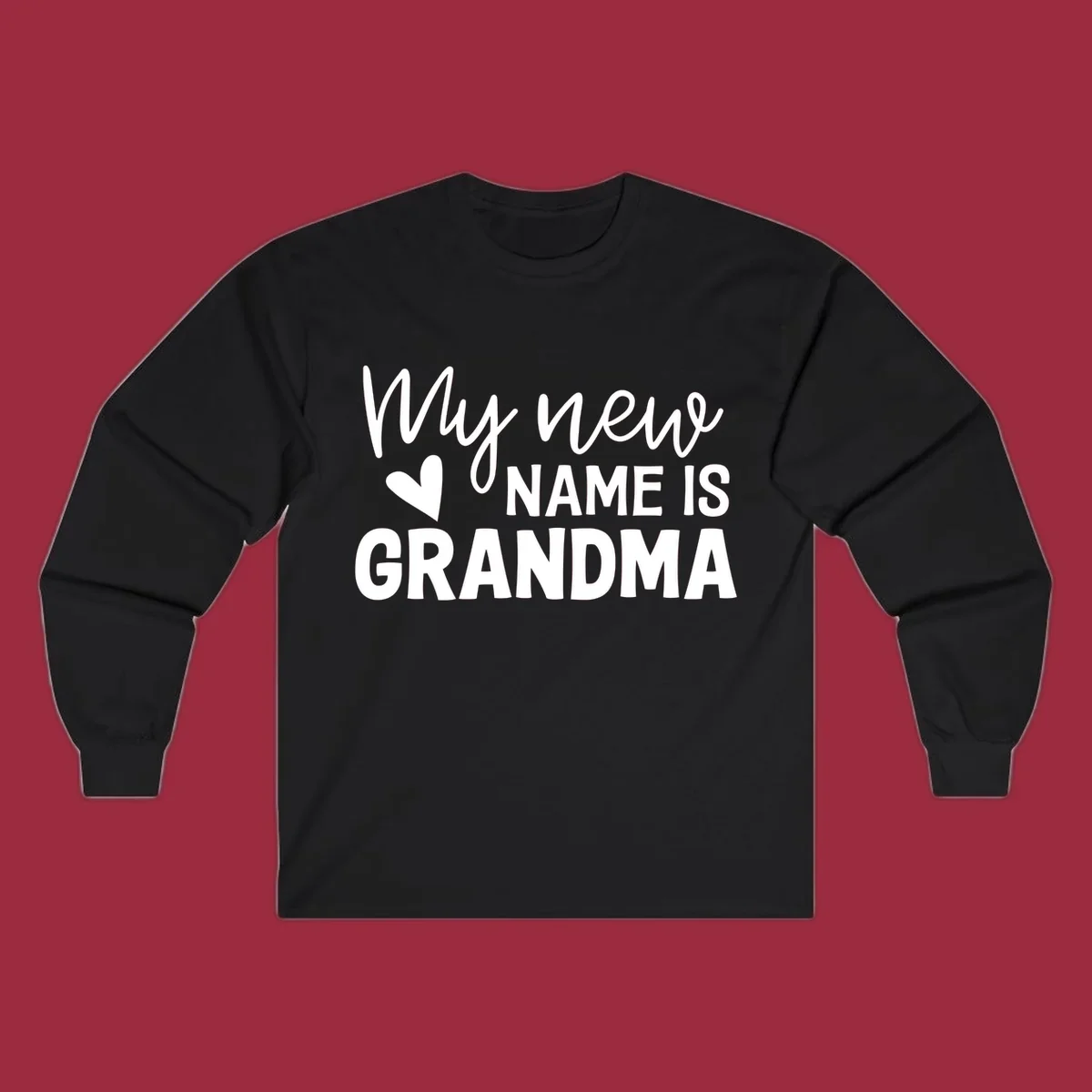 Text design announcing 'My new NAME IS GRANDMA' with a heart graphic.