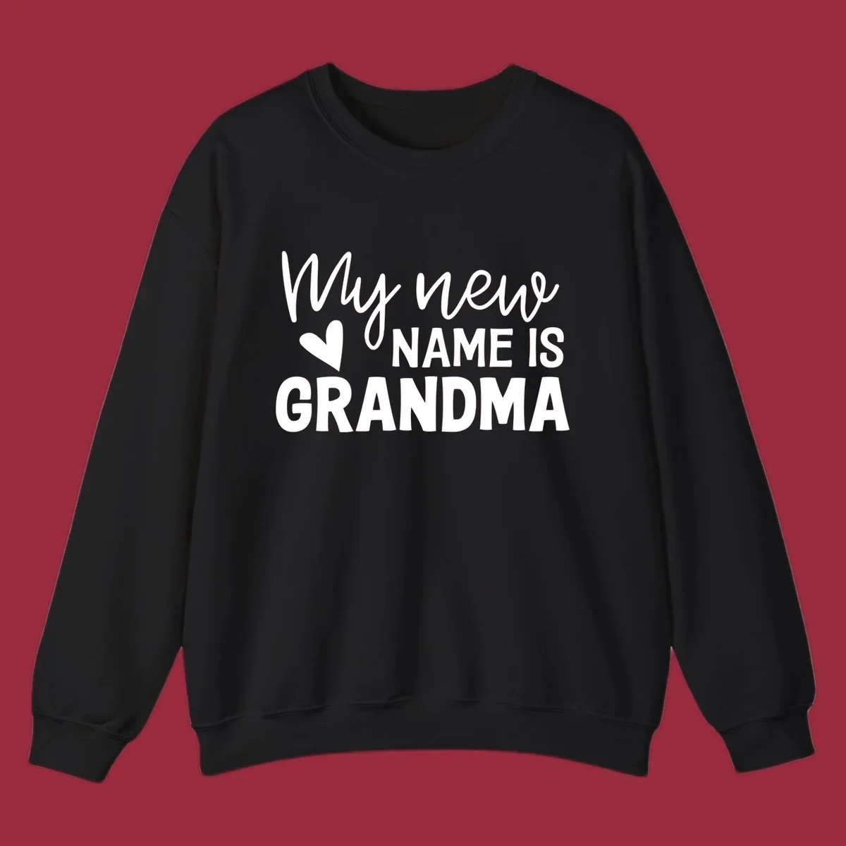 Text design announcing 'My new NAME IS GRANDMA' with a heart graphic.