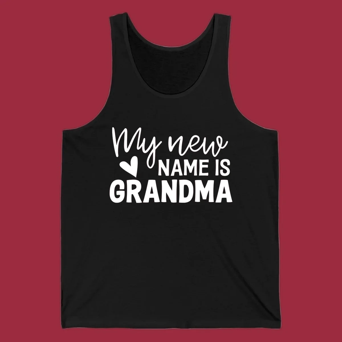 Text design announcing 'My new NAME IS GRANDMA' with a heart graphic.