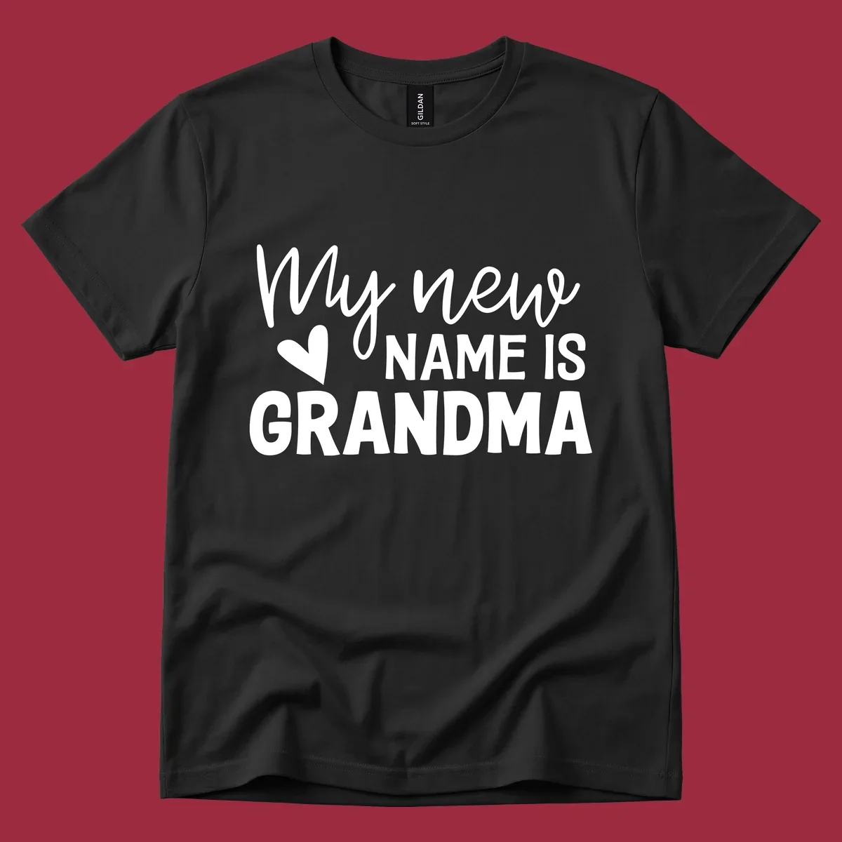 Text design announcing 'My new NAME IS GRANDMA' with a heart graphic.