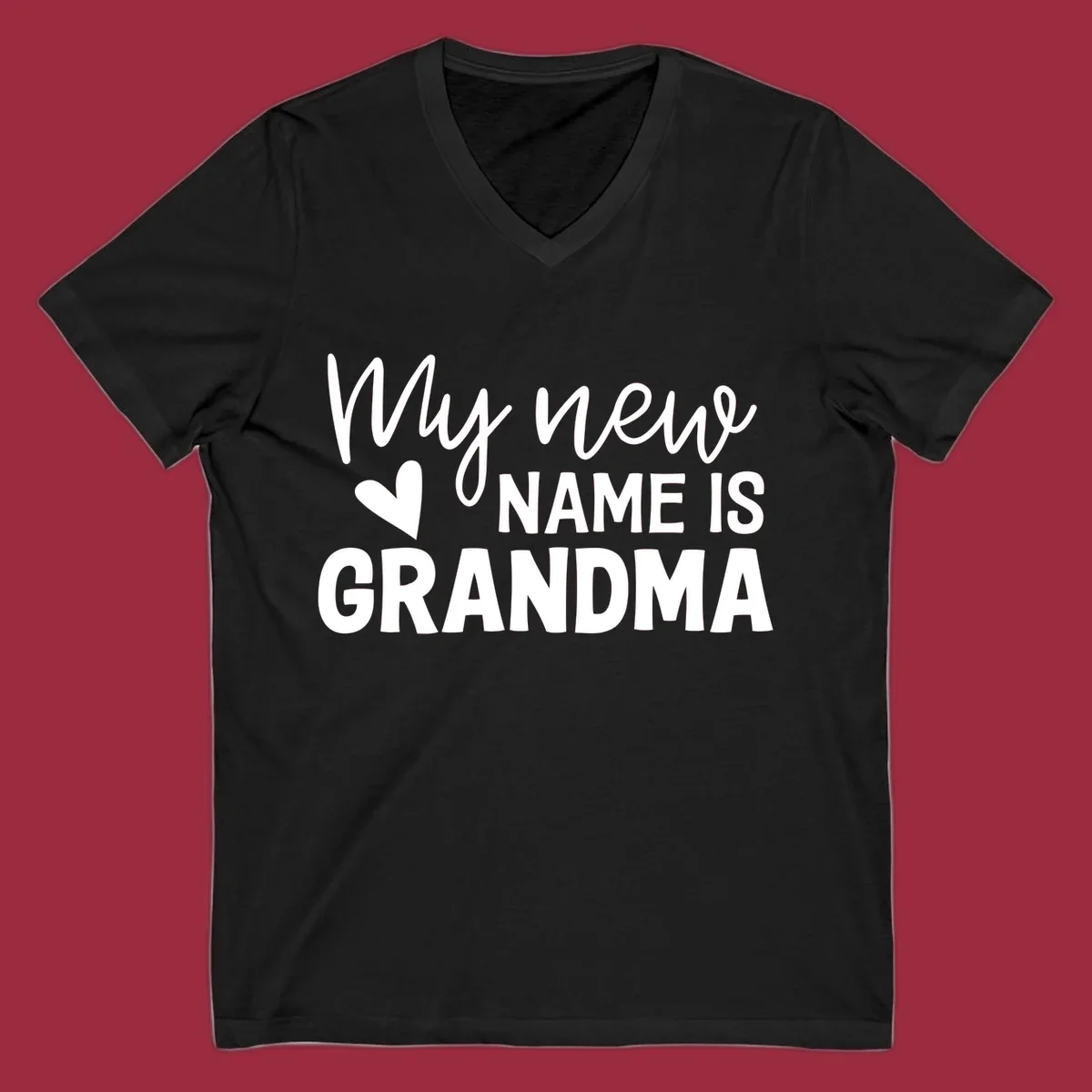 Text design announcing 'My new NAME IS GRANDMA' with a heart graphic.