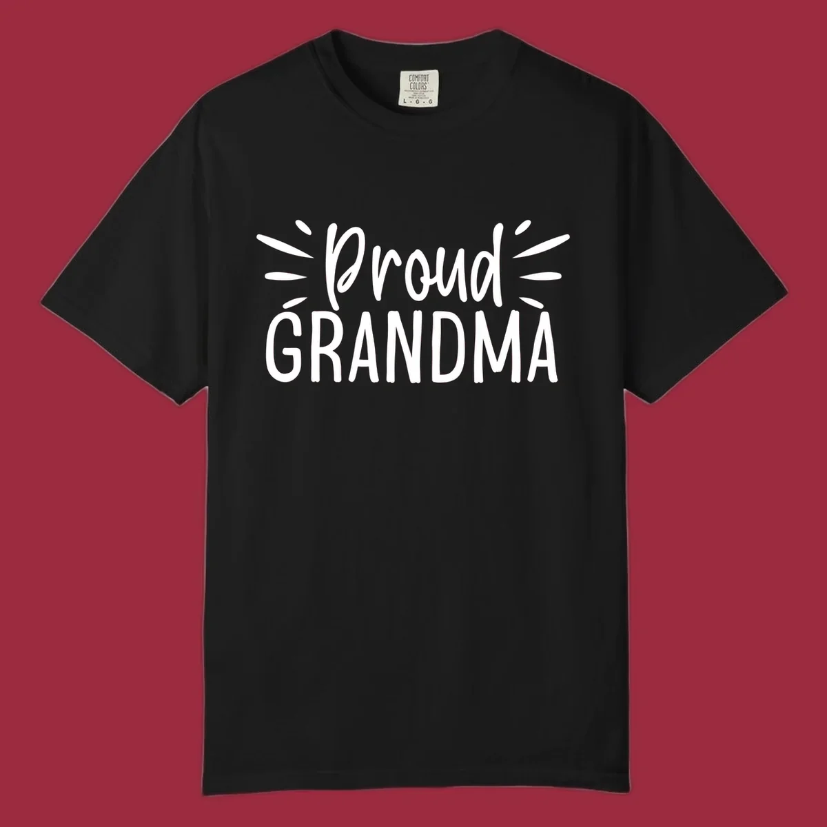 Proud Grandma text design with radiating lines. Proud-grandma.