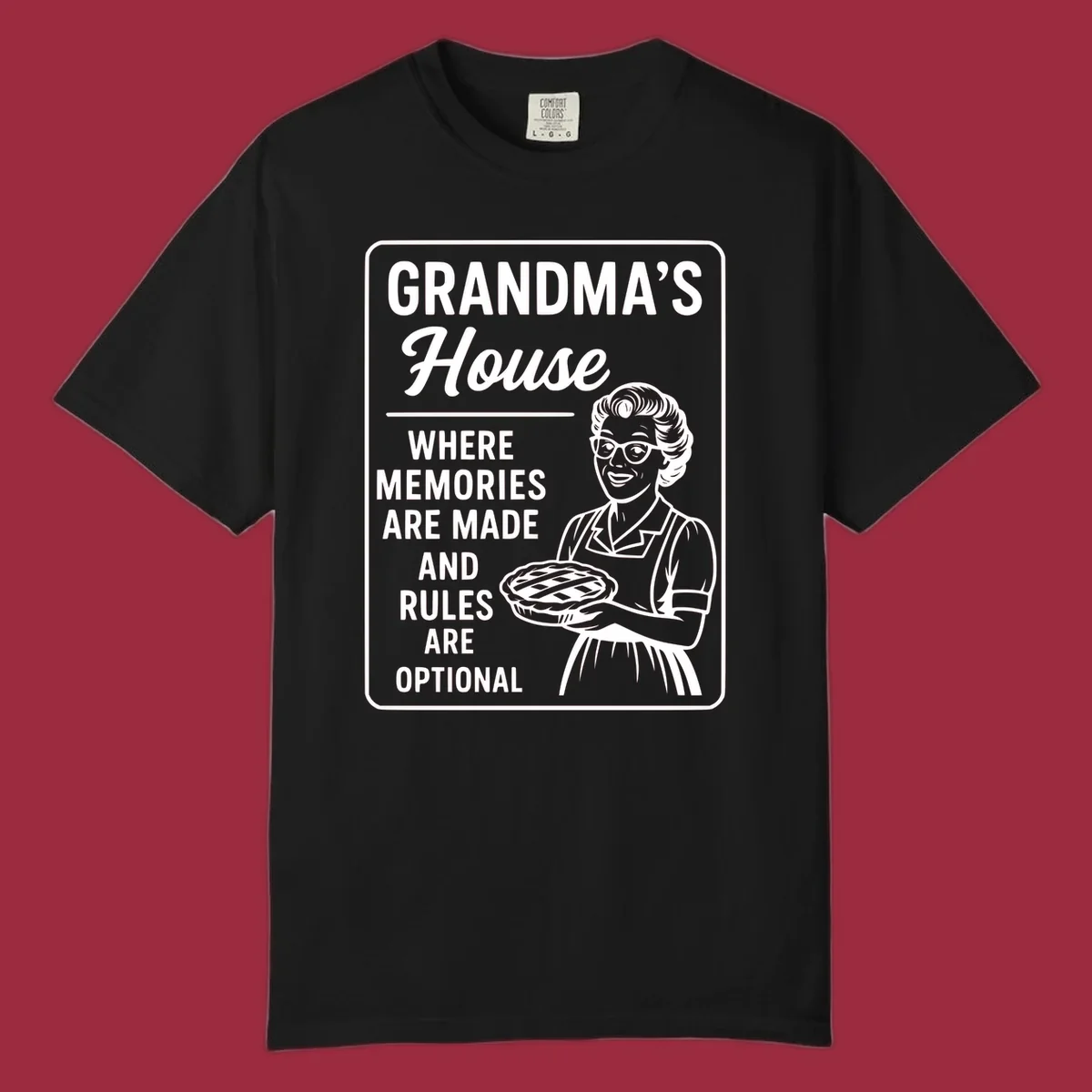 Grandma's house sign with text and illustration of a smiling grandma holding a pie.
