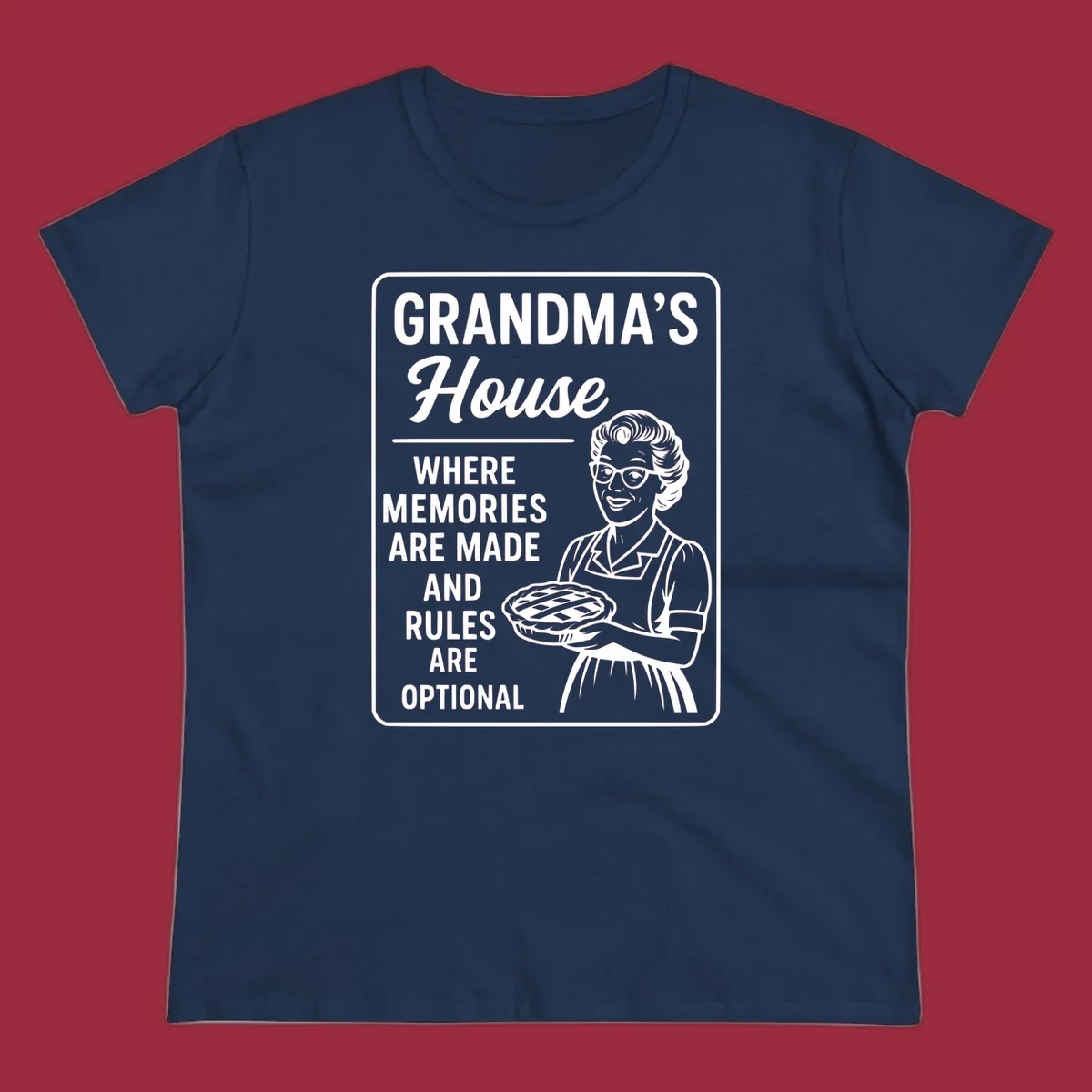 Grandma's house sign with text and illustration of a smiling grandma holding a pie.