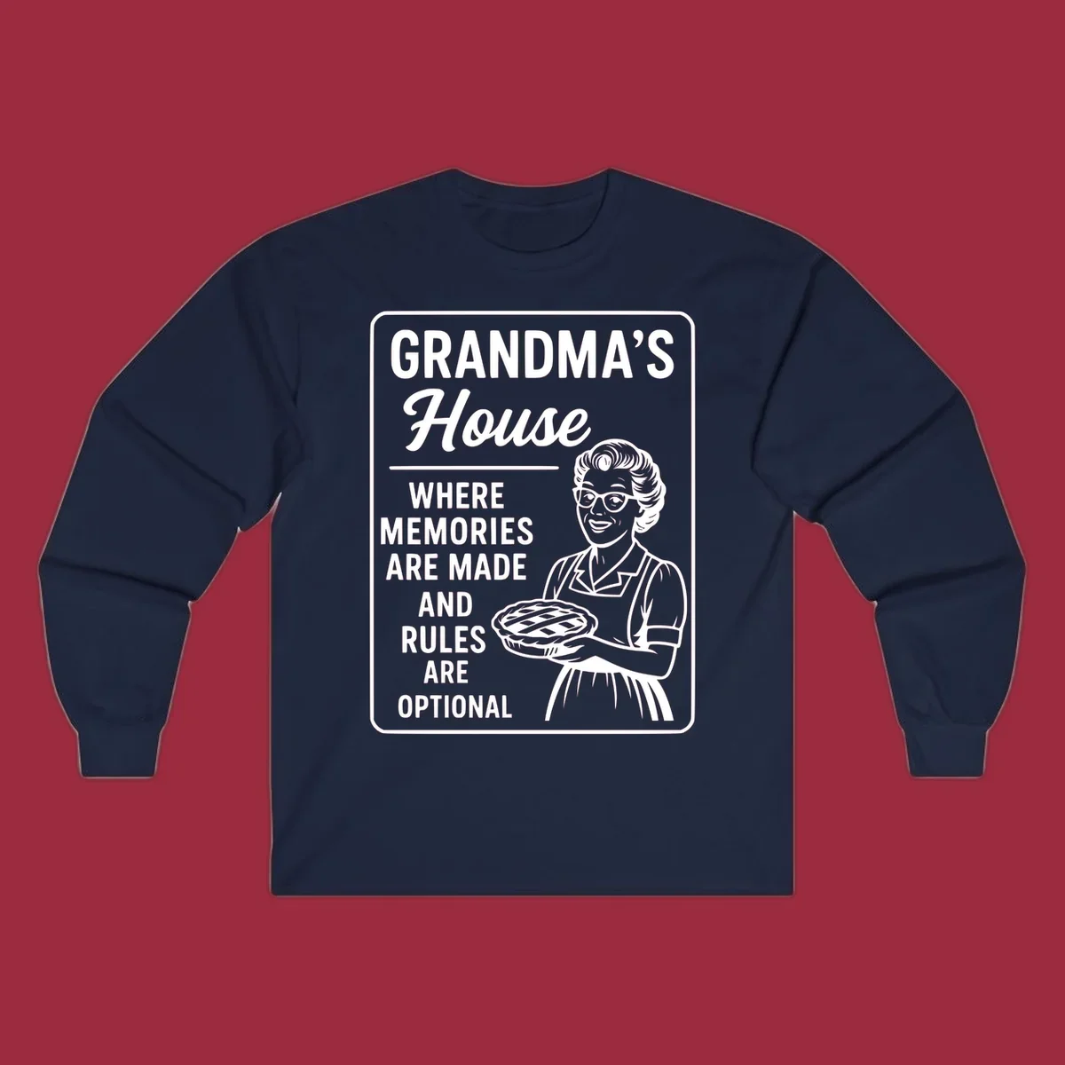Grandma's house sign with text and illustration of a smiling grandma holding a pie.