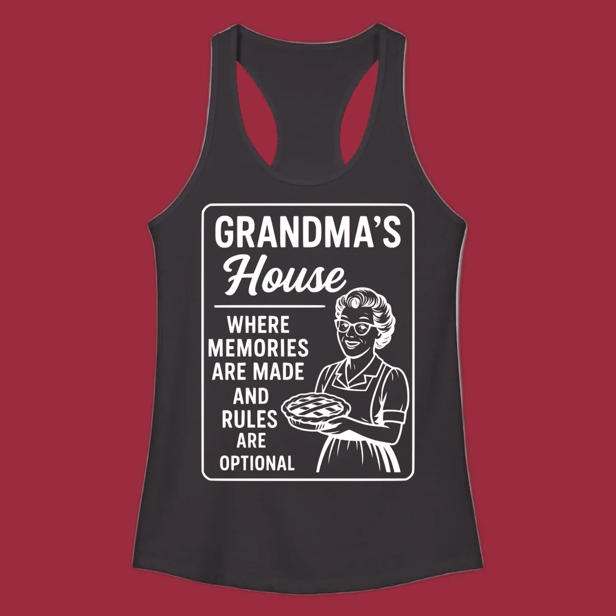 Grandma's house sign with text and illustration of a smiling grandma holding a pie.