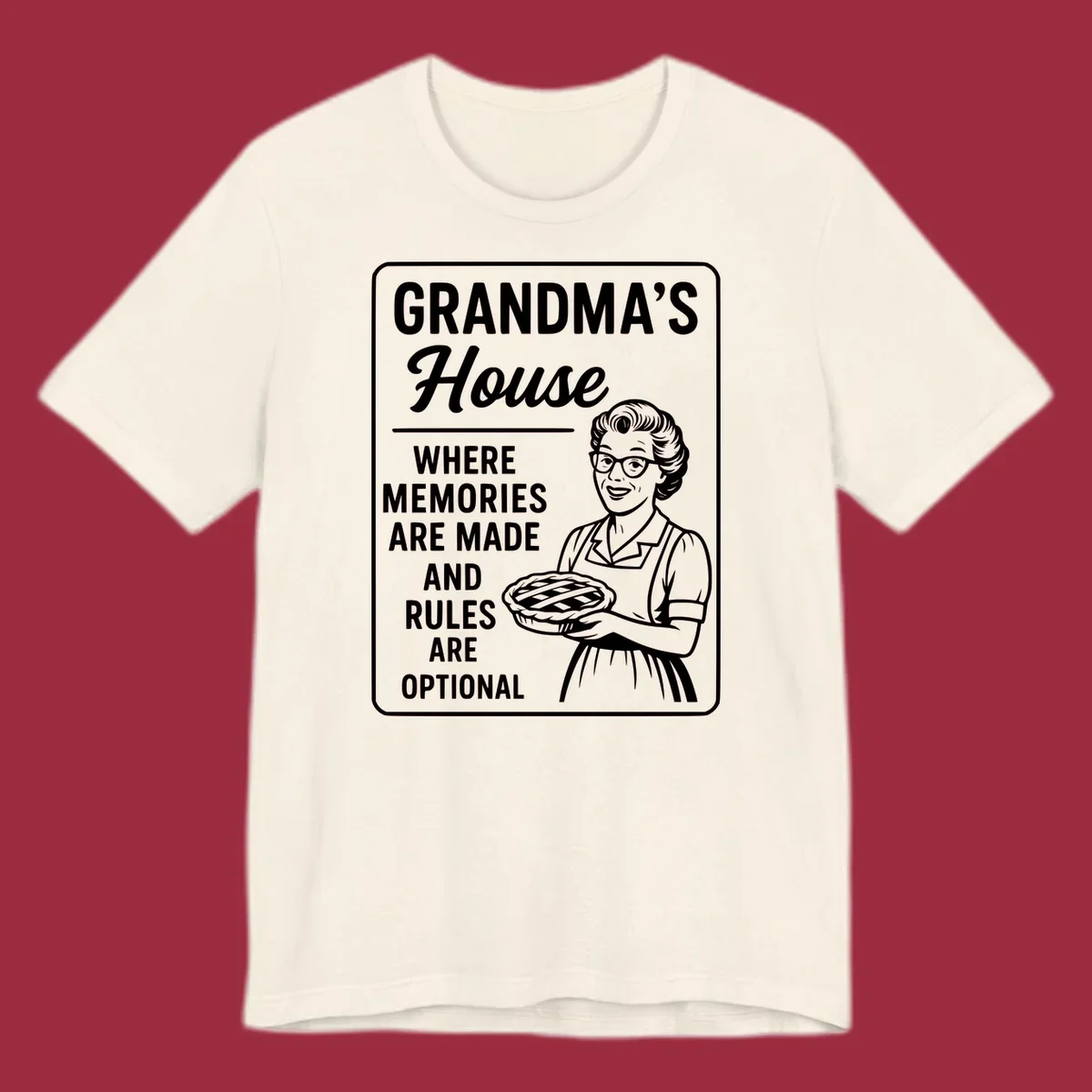 Grandma's house sign with text and illustration of a smiling grandma holding a pie.