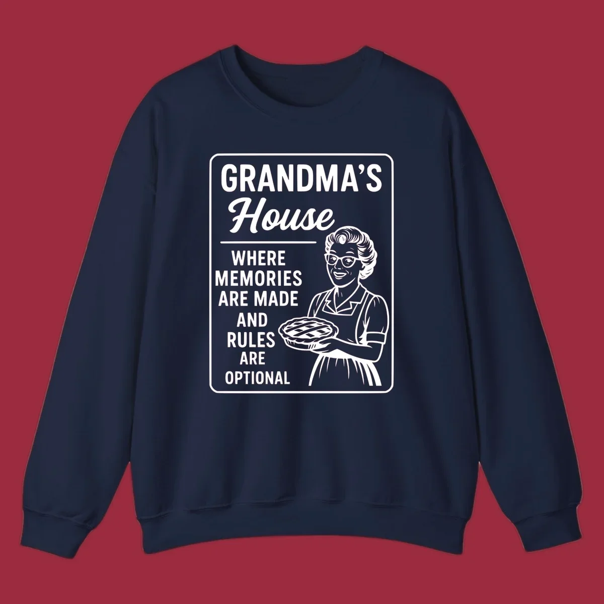 Grandma's house sign with text and illustration of a smiling grandma holding a pie.
