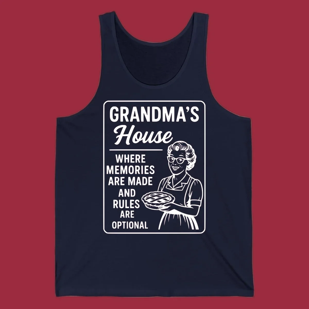 Grandma's house sign with text and illustration of a smiling grandma holding a pie.