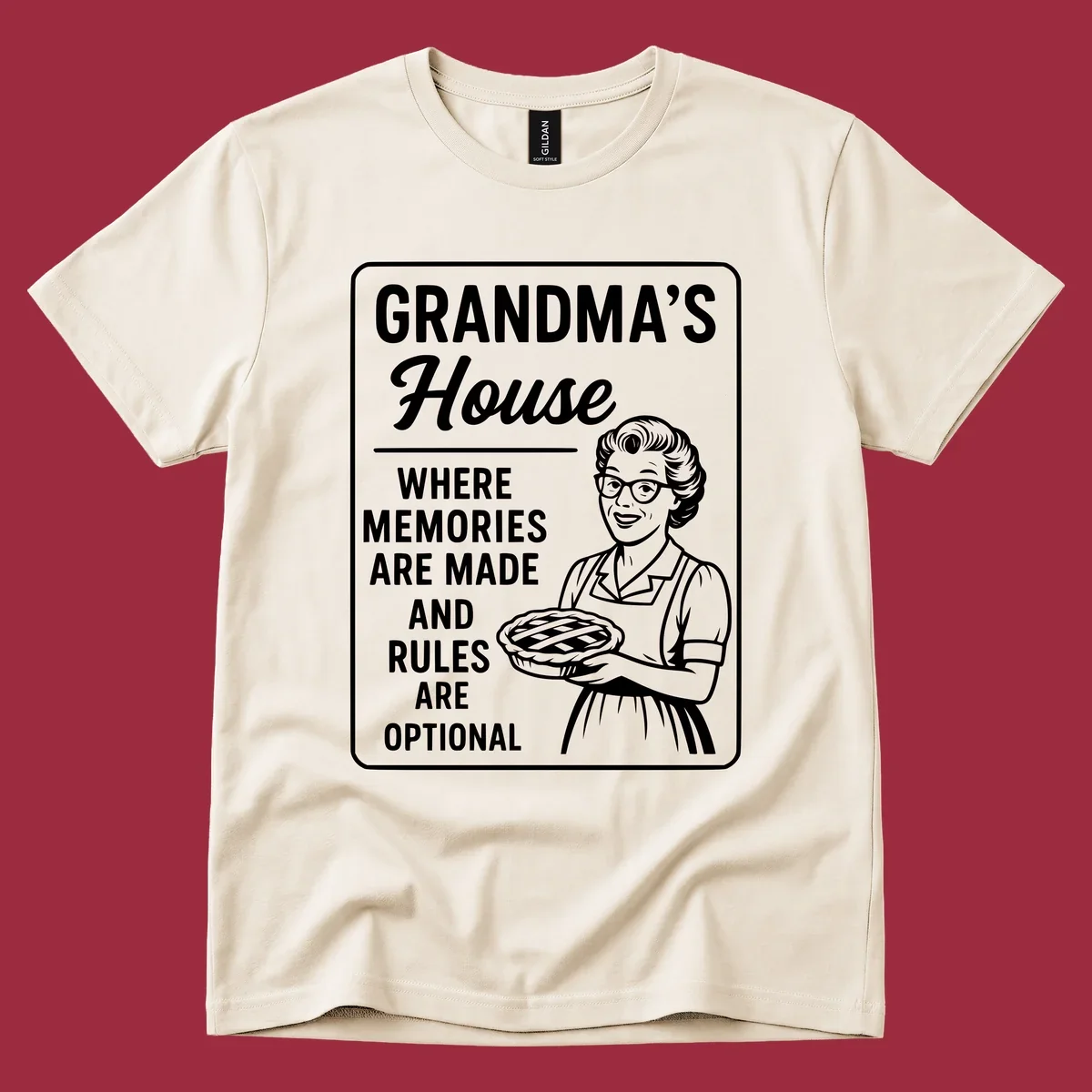 Grandma's house sign with text and illustration of a smiling grandma holding a pie.