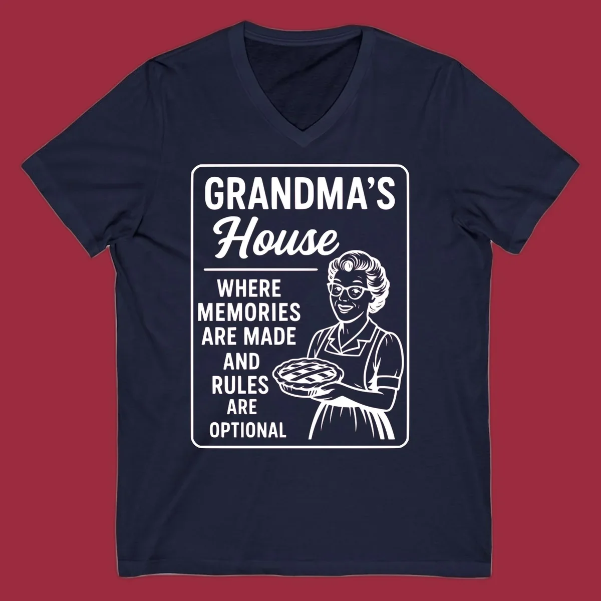 Grandma's house sign with text and illustration of a smiling grandma holding a pie.
