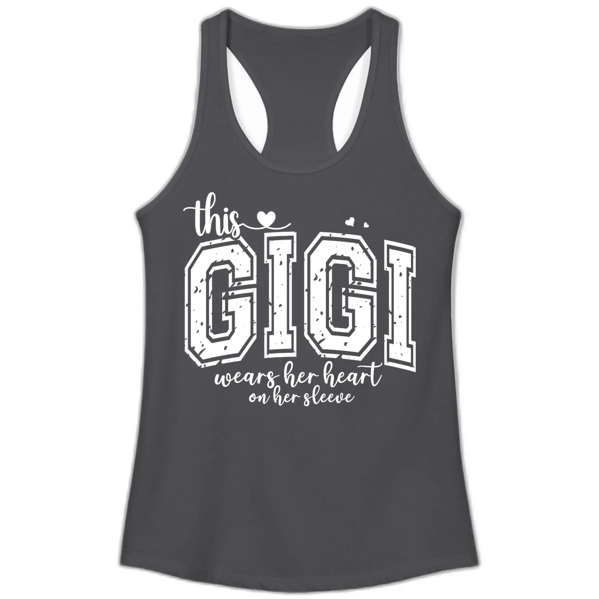 This Gigi Wears Her Heart On Her Sleeve Ladies Tank in Solid Dark Gray