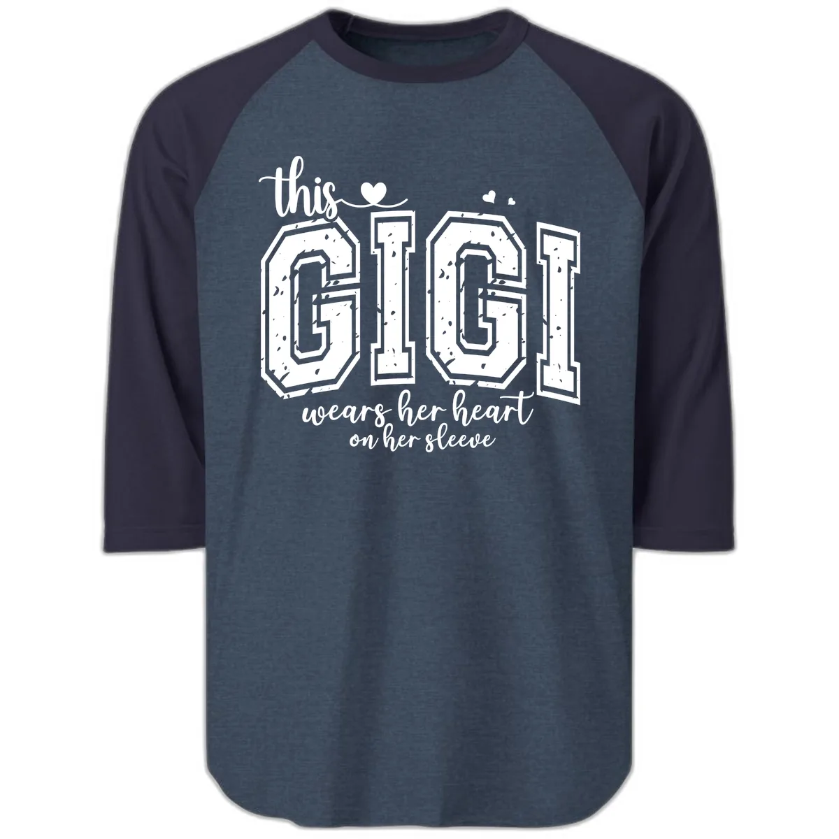 This Gigi Wears Her Heart On Her Sleeve Raglan 3/4 in Heather Denim Navy